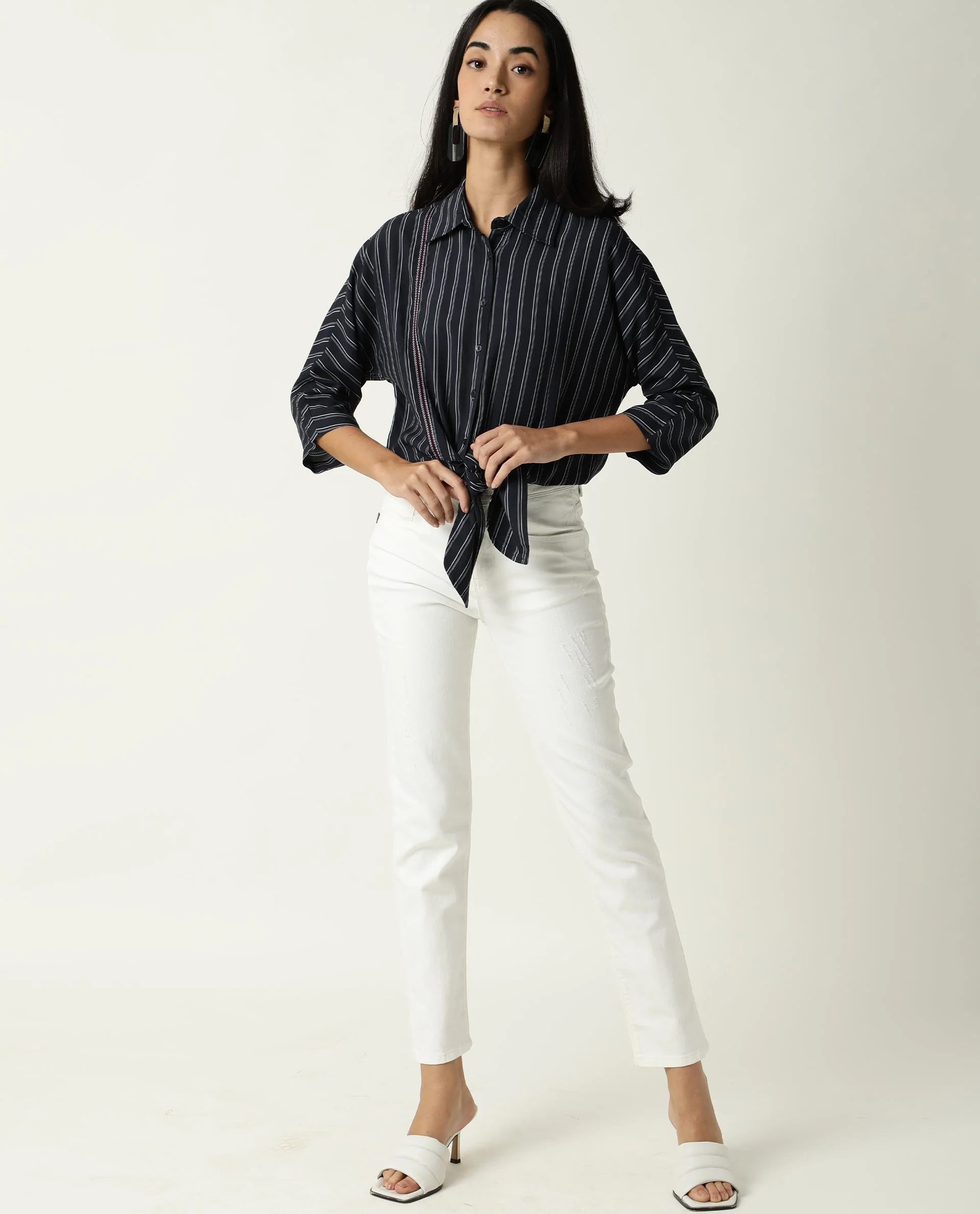 Rareism Women's Cia Navy Viscose Spread Collar Striped Regular Fit Top - Image 4