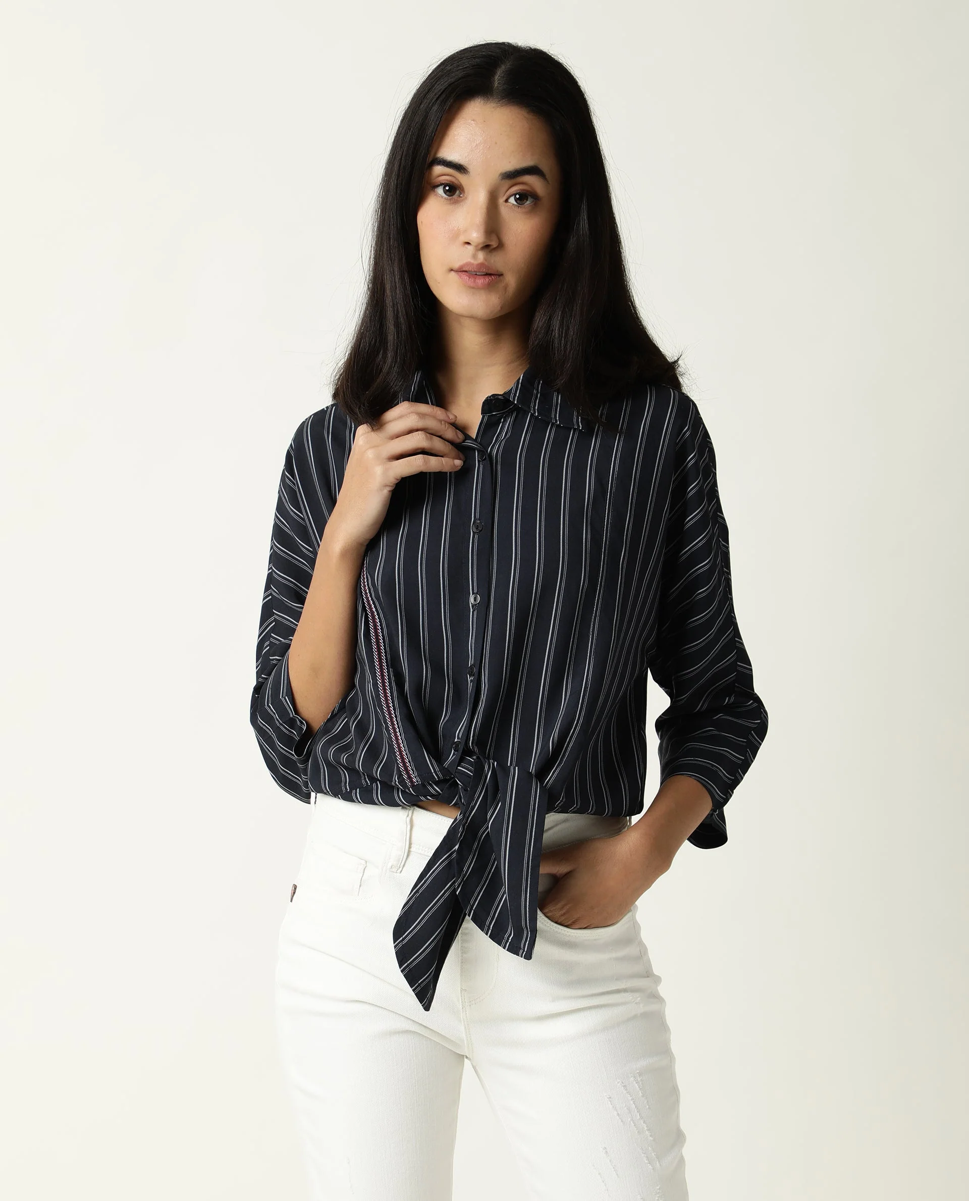 Rareism Women's Cia Navy Viscose Spread Collar Striped Regular Fit Top - Image 5