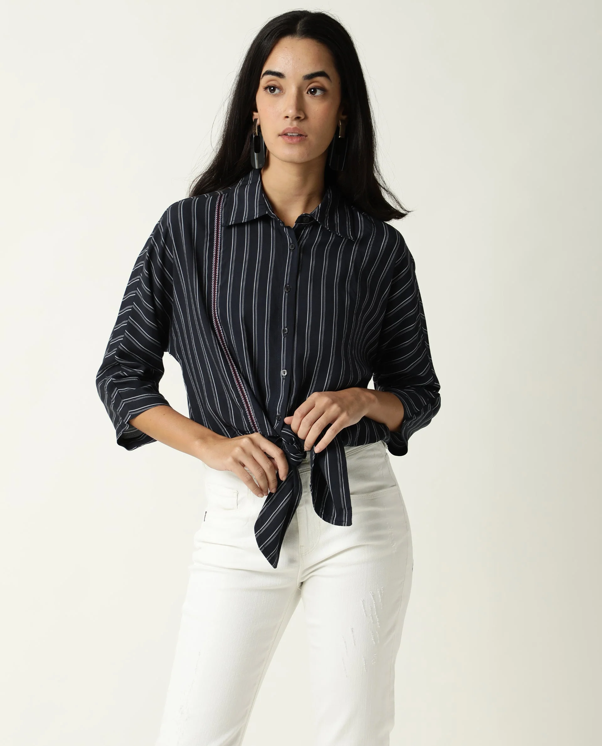 Rareism Women's Cia Navy Viscose Spread Collar Striped Regular Fit Top - Image 7