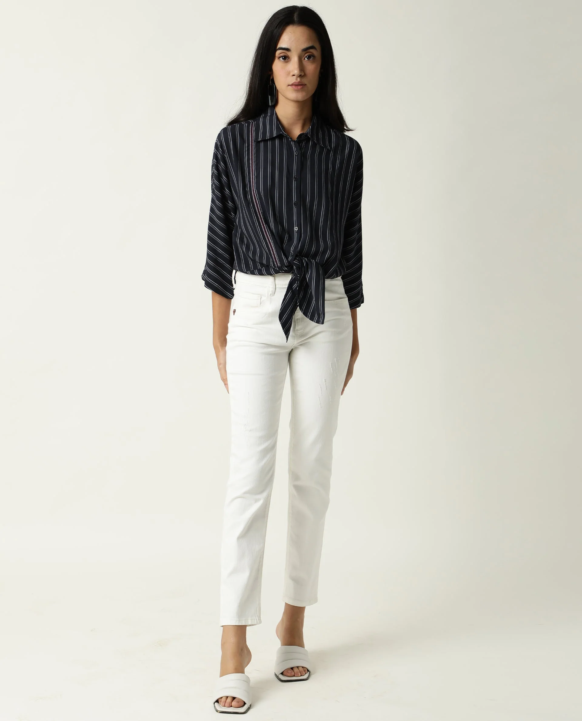 Rareism Women's Cia Navy Viscose Spread Collar Striped Regular Fit Top - Image 8
