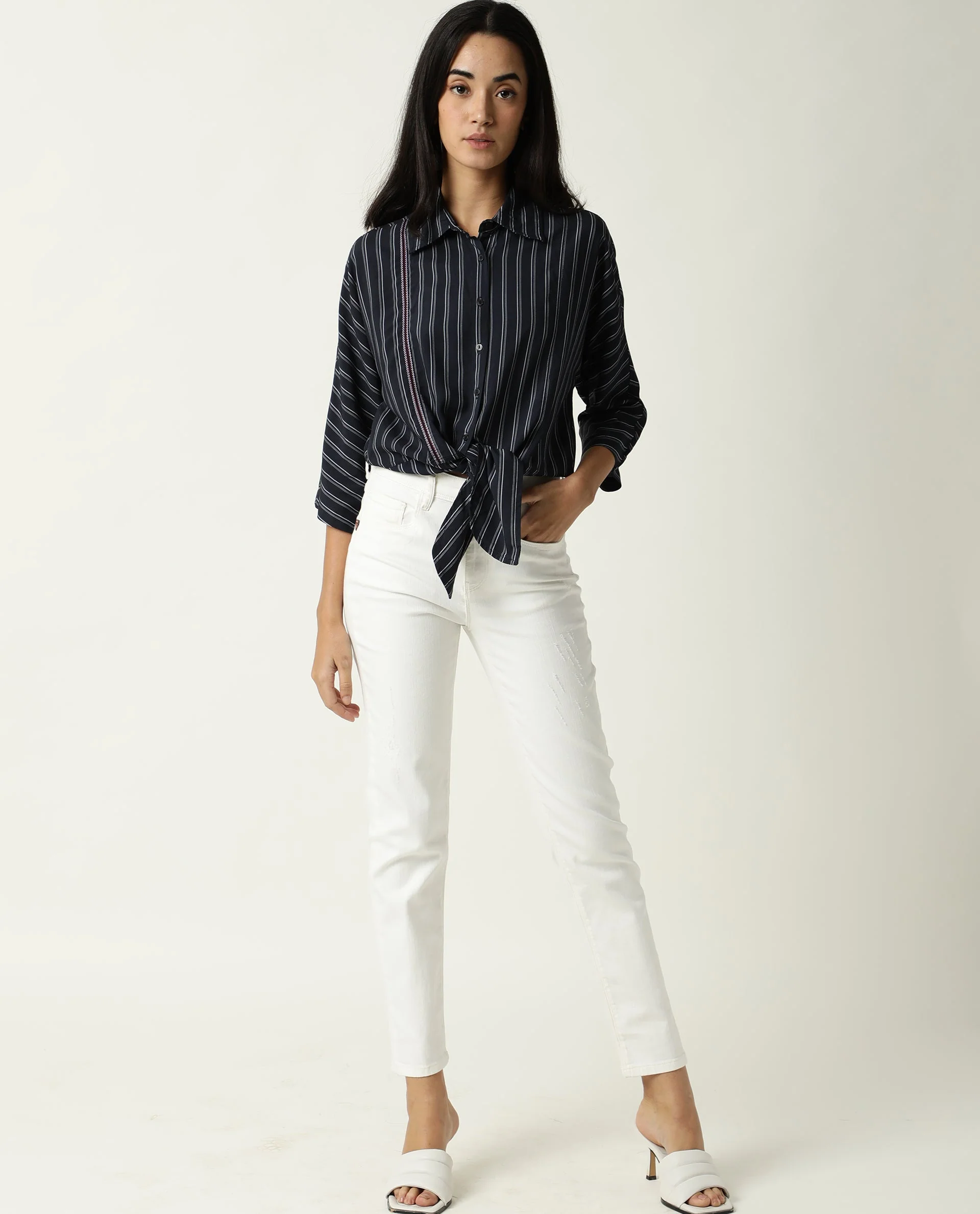 Rareism Women's Cia Navy Viscose Spread Collar Striped Regular Fit Top - Image 9