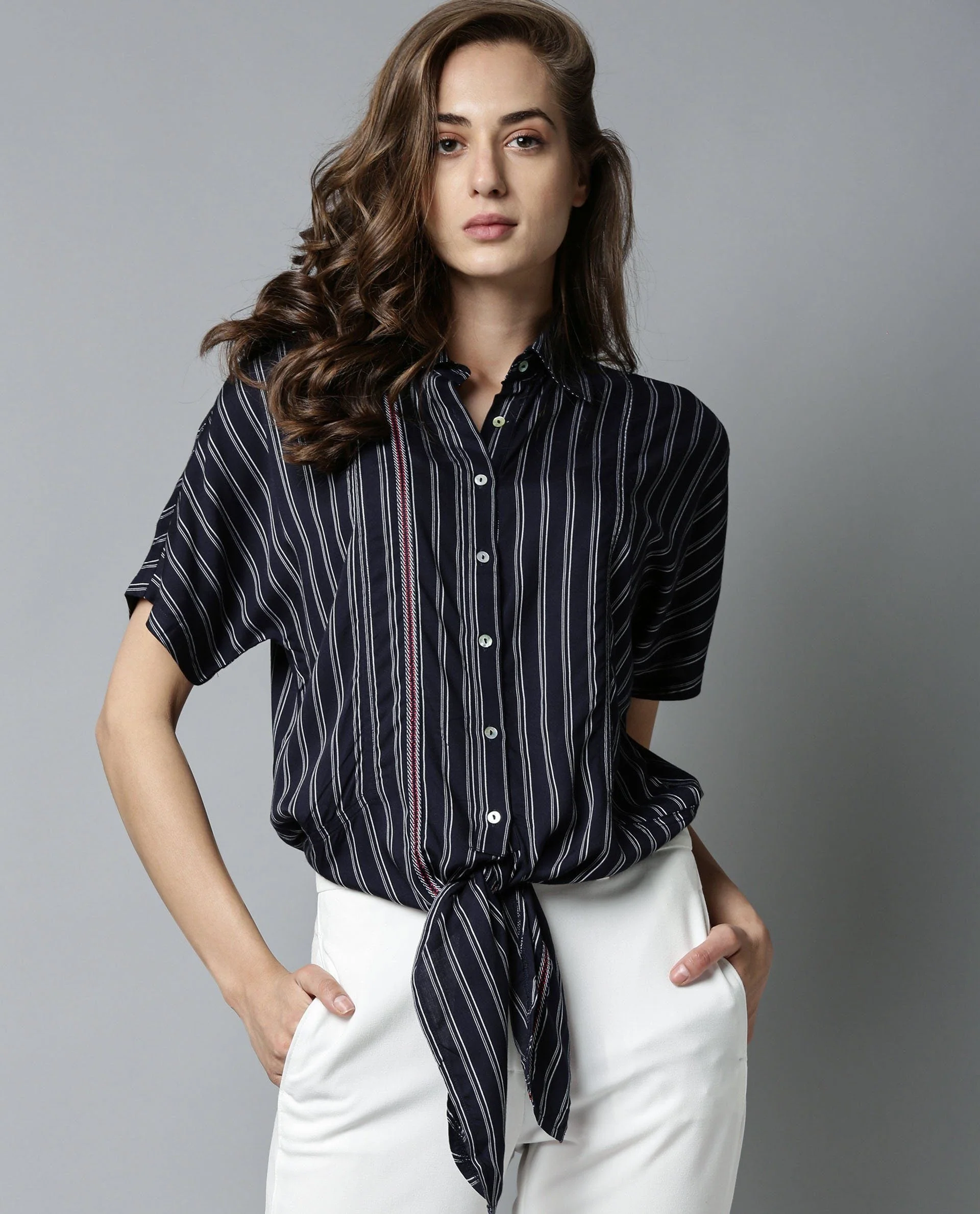 Rareism Womens Ciaga Navy Shirt Three Fourth Sleeve Band Collar