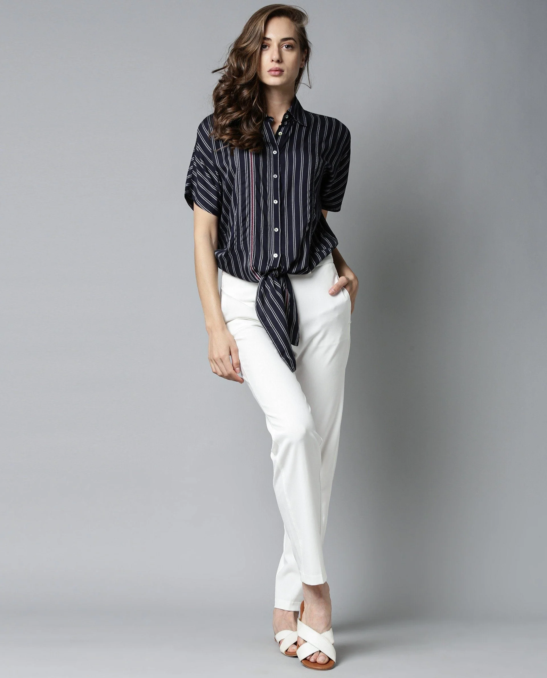 Rareism Womens Ciaga Navy Shirt Three Fourth Sleeve Band Collar - Image 2