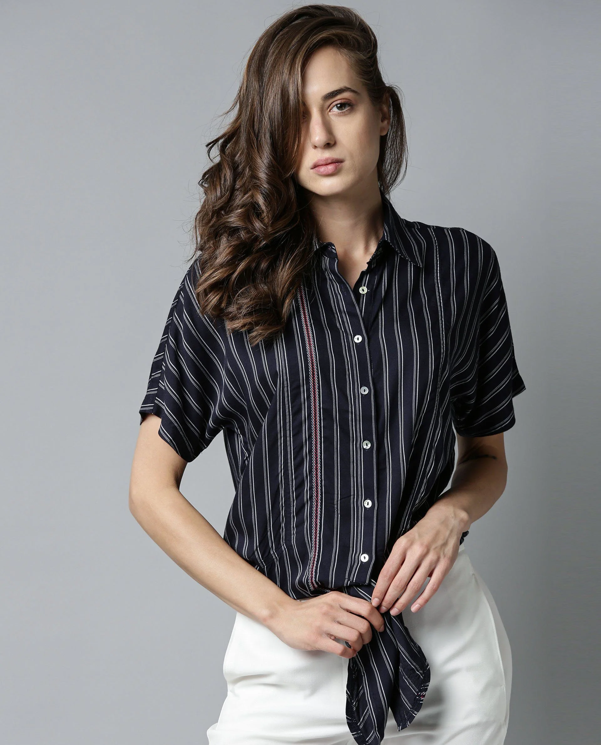 Rareism Womens Ciaga Navy Shirt Three Fourth Sleeve Band Collar - Image 3