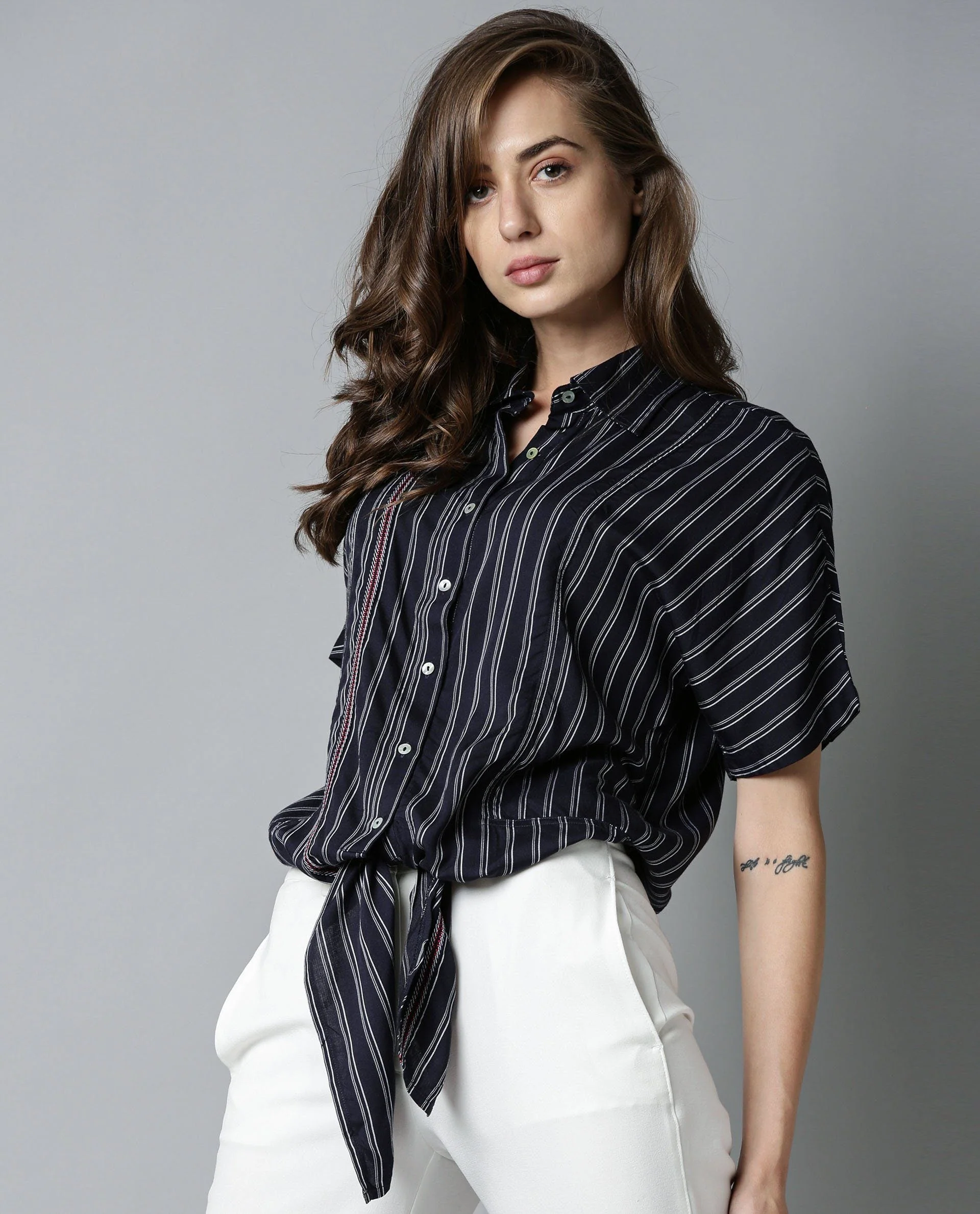 Rareism Womens Ciaga Navy Shirt Three Fourth Sleeve Band Collar - Image 5