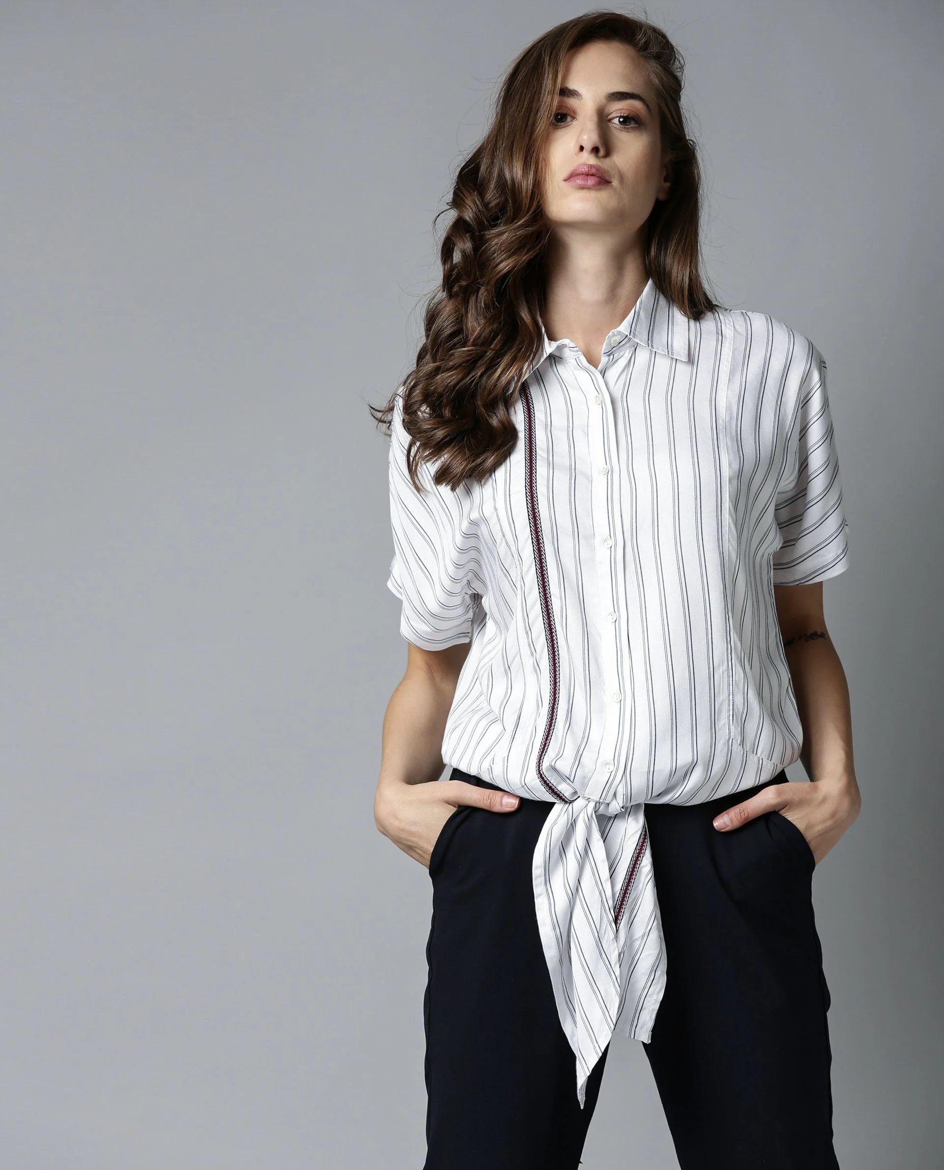 Rareism Womens Ciaga White Shirt Three Fourth Sleeve Band Collar