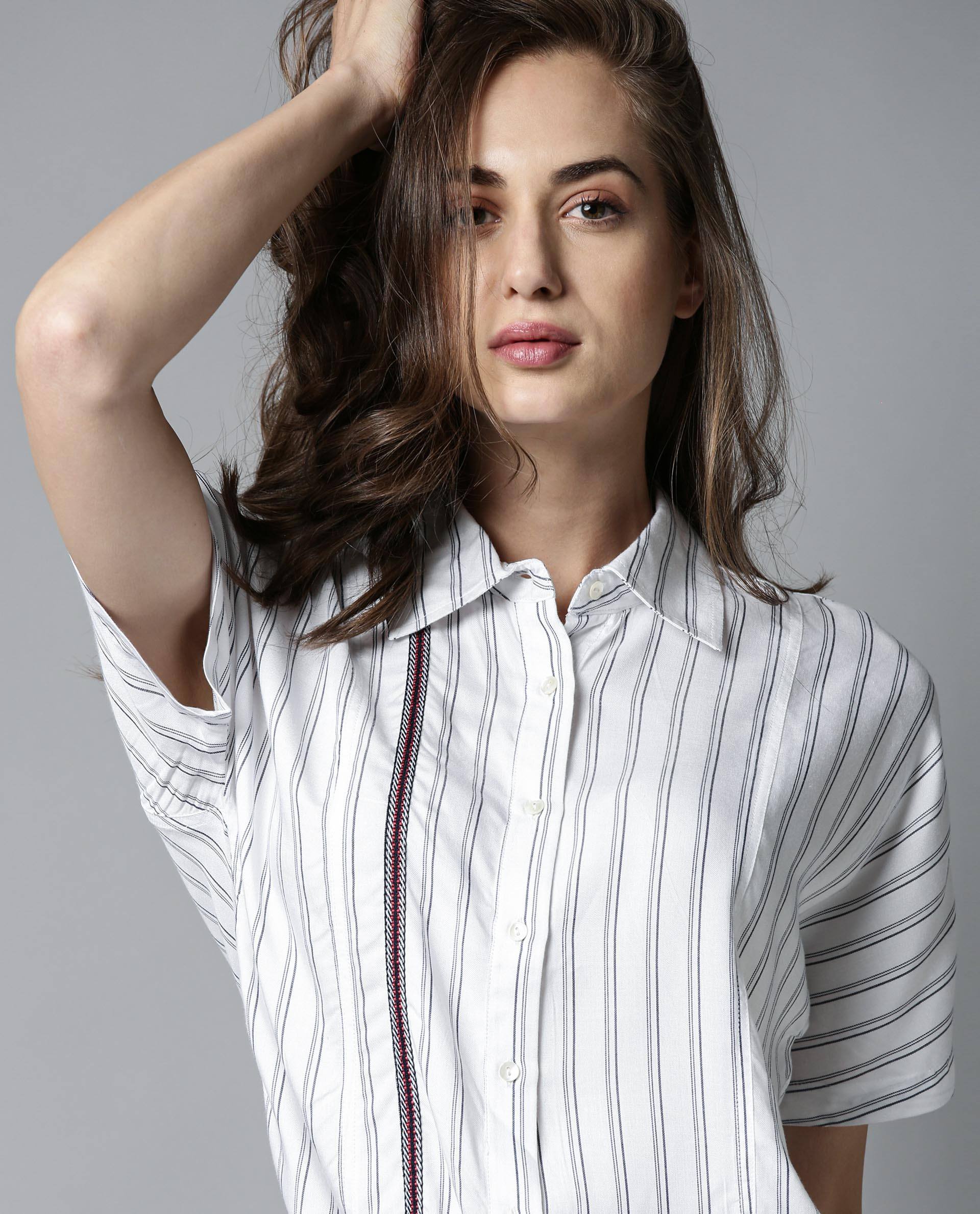 Rareism Womens Ciaga White Shirt Three Fourth Sleeve Band Collar - Image 2