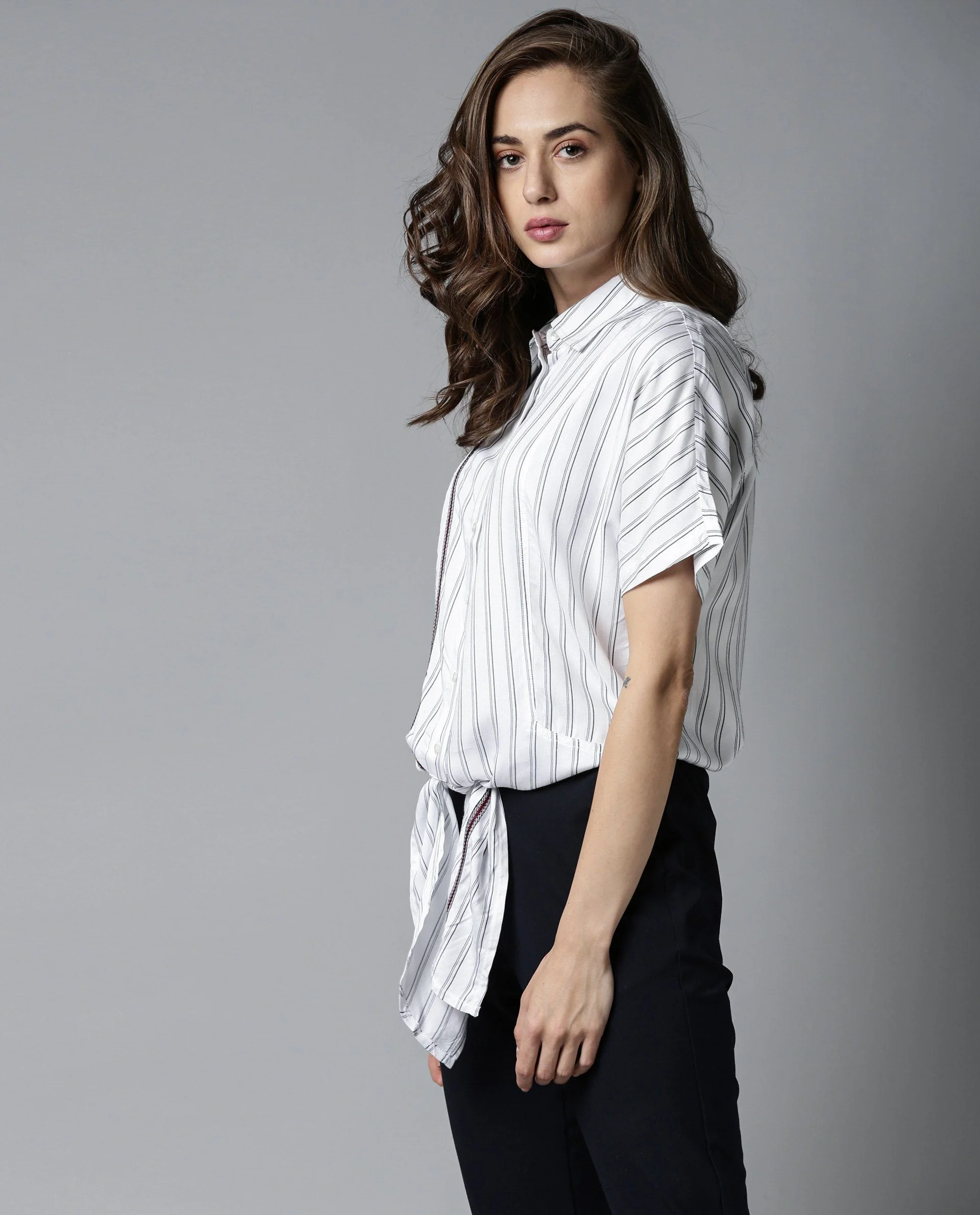Rareism Womens Ciaga White Shirt Three Fourth Sleeve Band Collar - Image 3