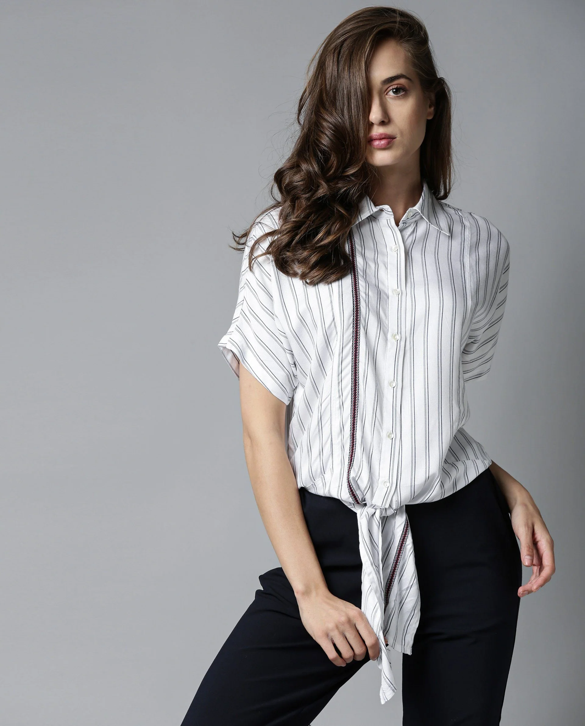 Rareism Womens Ciaga White Shirt Three Fourth Sleeve Band Collar - Image 4