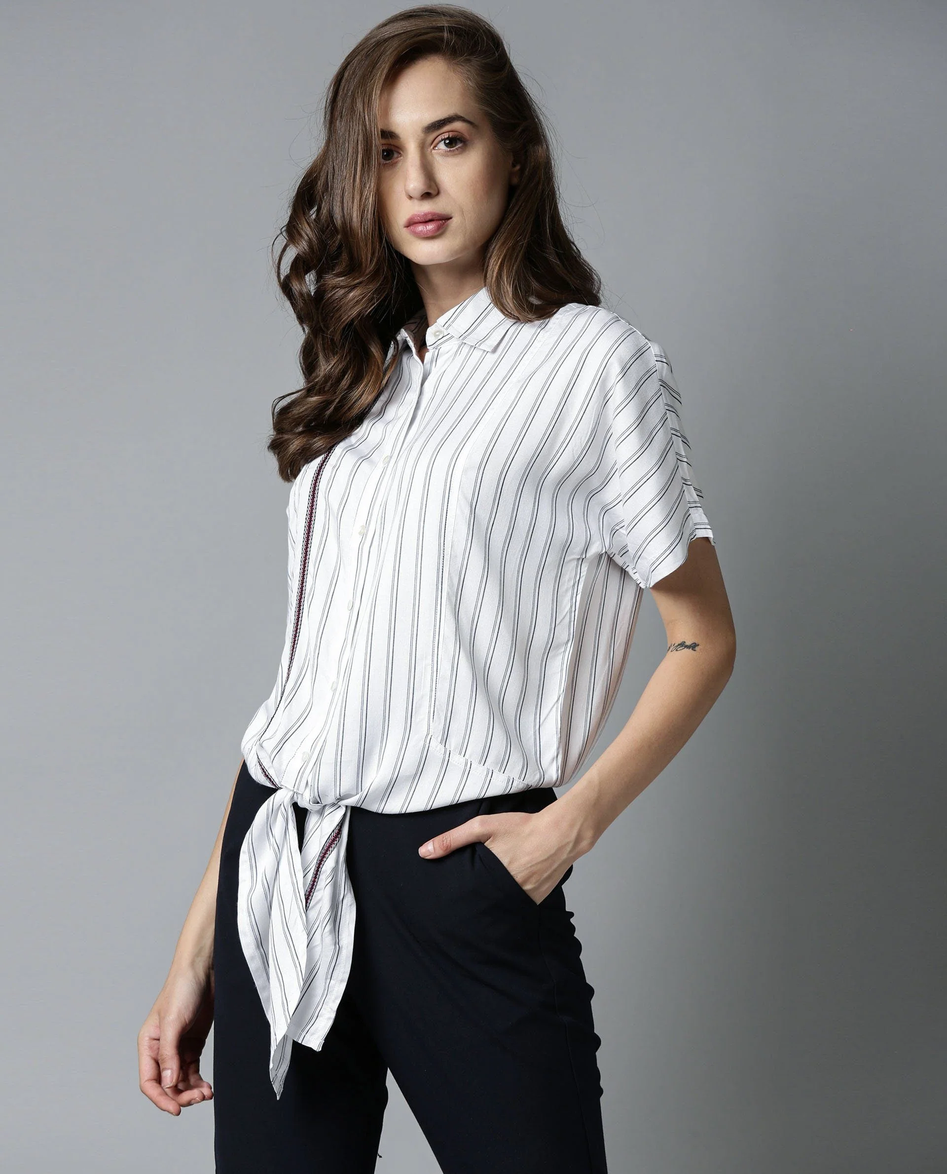Rareism Womens Ciaga White Shirt Three Fourth Sleeve Band Collar - Image 5