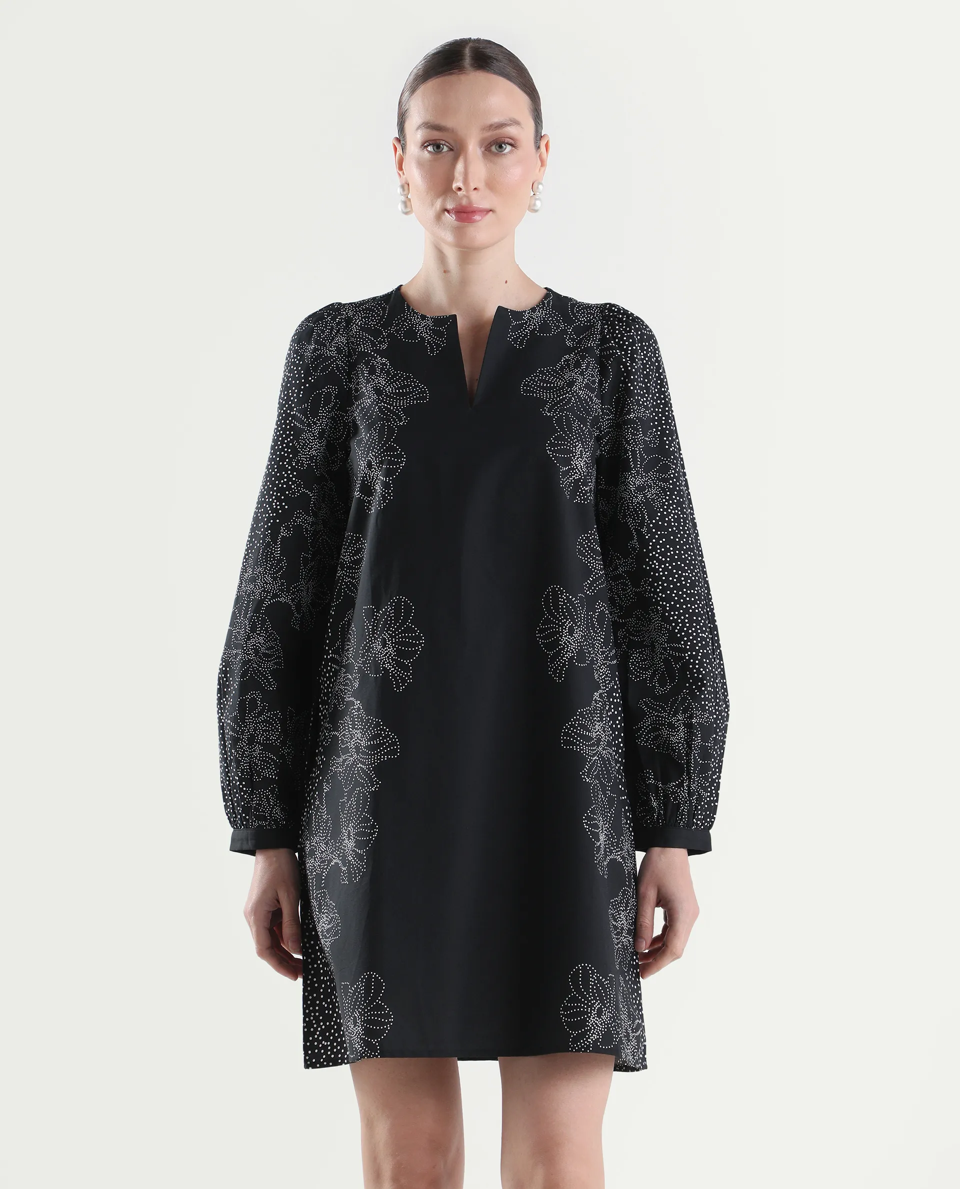 Rareism Women's Ciana Black Cotton Full Sleeve Relaxed Fit Floral Print Dress - Image 3