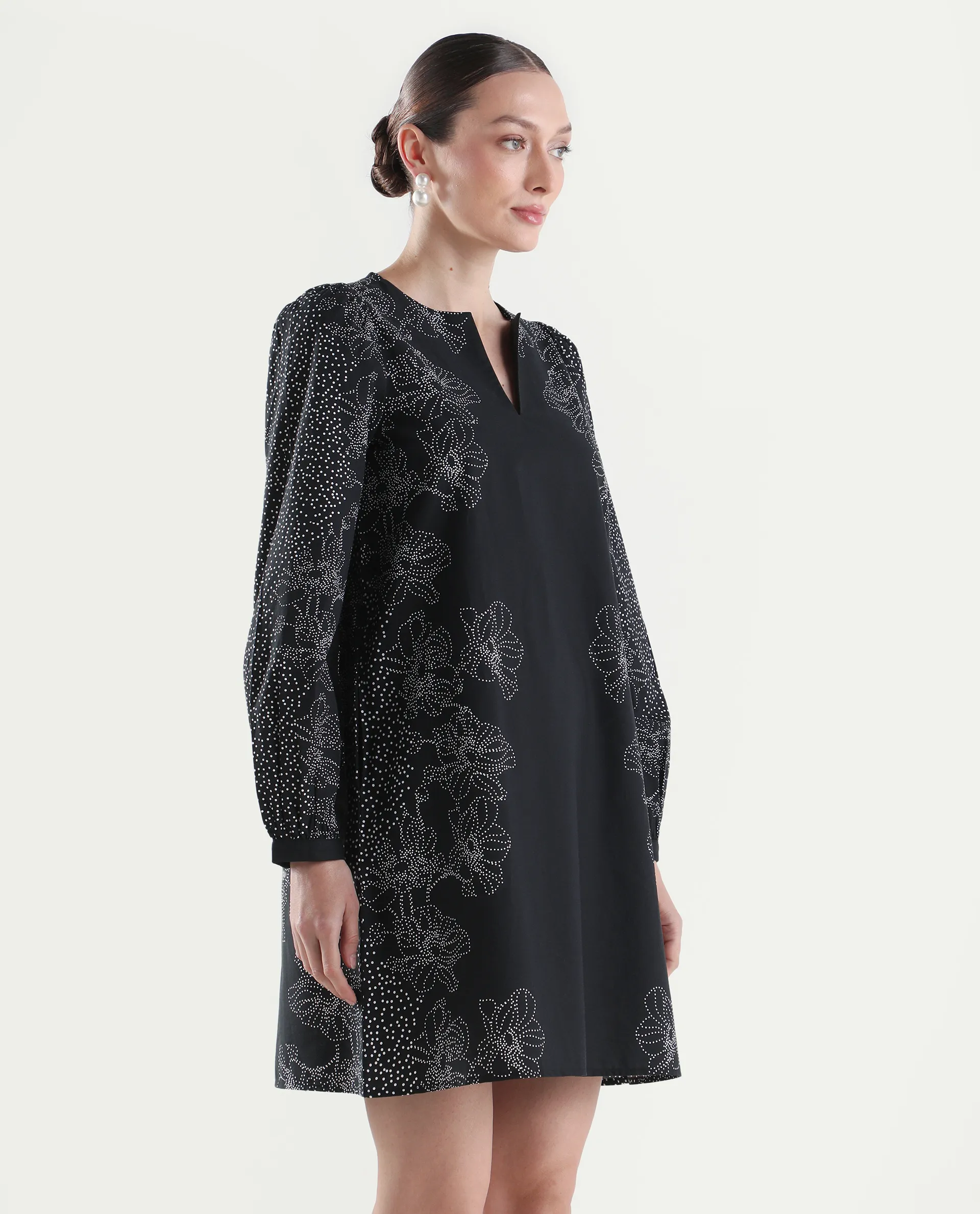 Rareism Women's Ciana Black Cotton Full Sleeve Relaxed Fit Floral Print Dress - Image 6