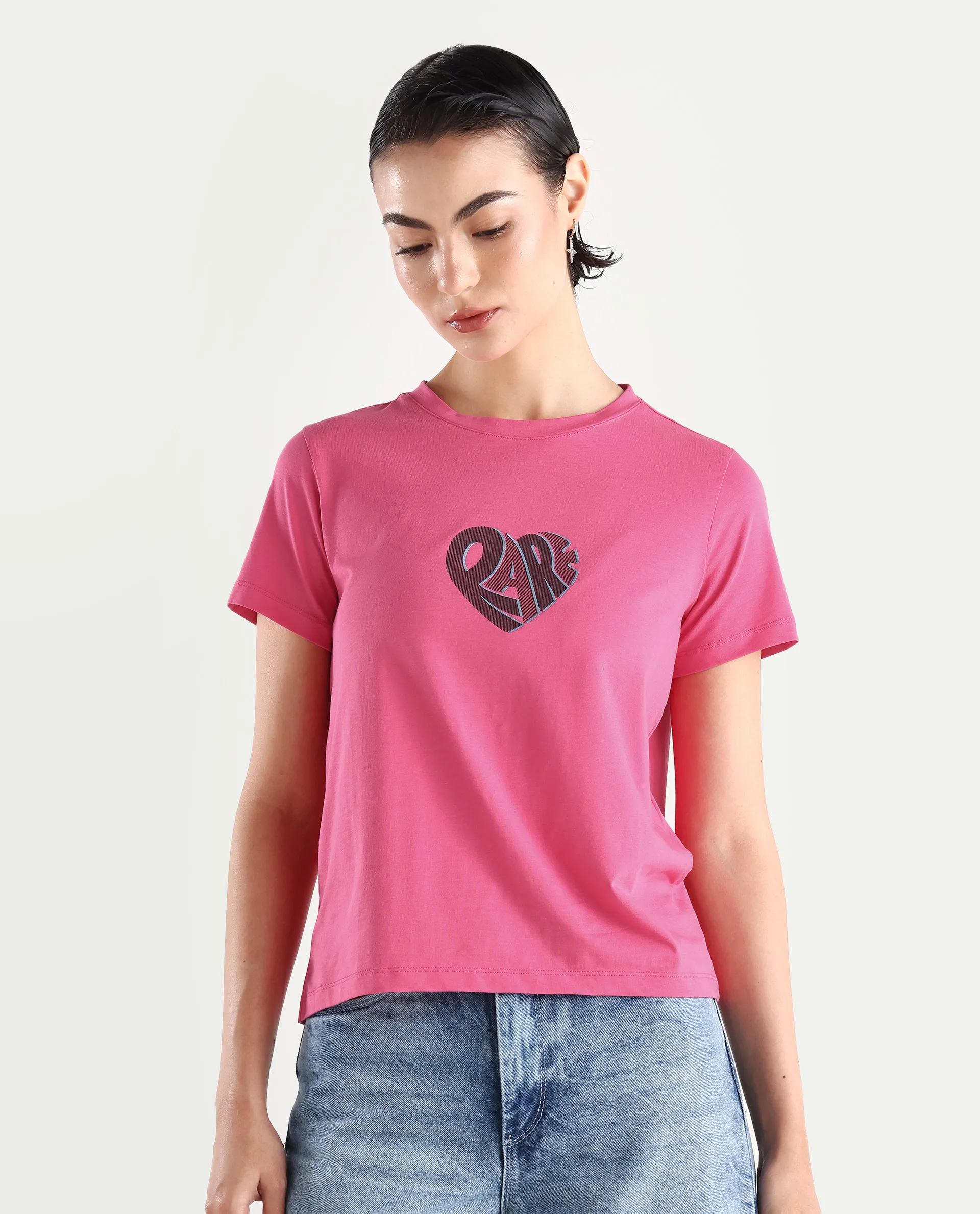 Rareism Women's Ciara Flouroscent Pink Cotton Blend Crew Neck Graphic Print Regular Fit T-Shirt - Image 3