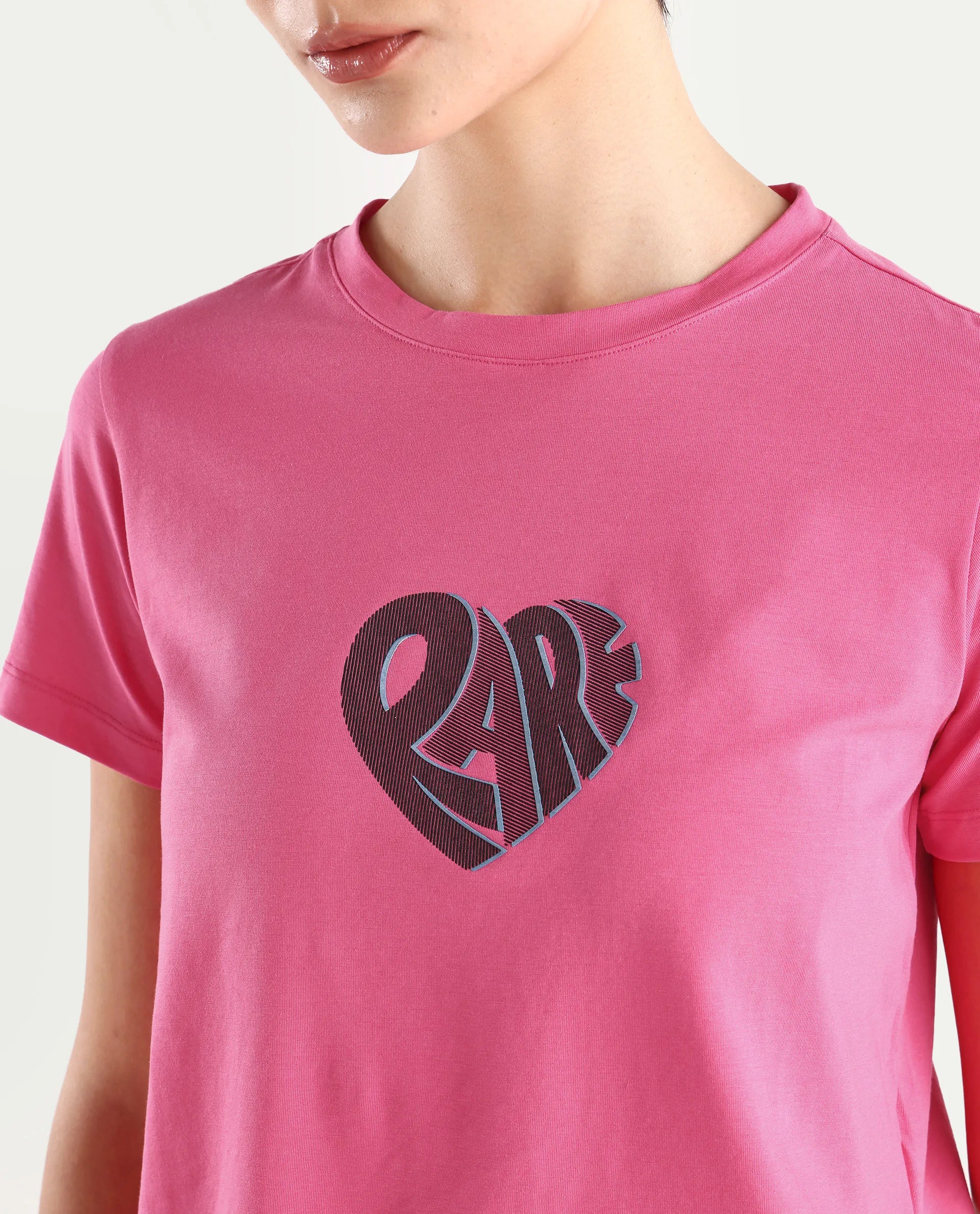 Rareism Women's Ciara Flouroscent Pink Cotton Blend Crew Neck Graphic Print Regular Fit T-Shirt - Image 4