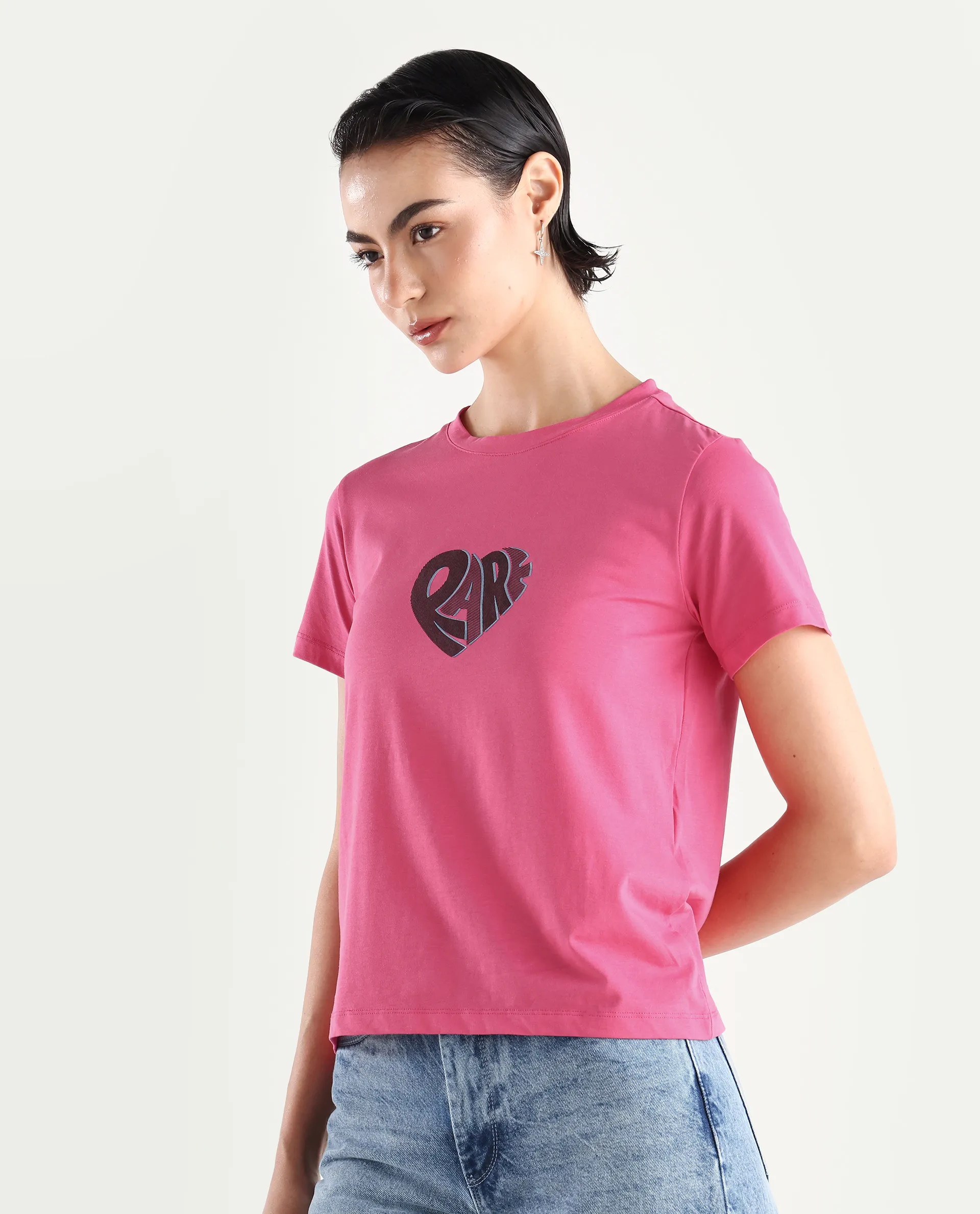 Rareism Women's Ciara Flouroscent Pink Cotton Blend Crew Neck Graphic Print Regular Fit T-Shirt - Image 5