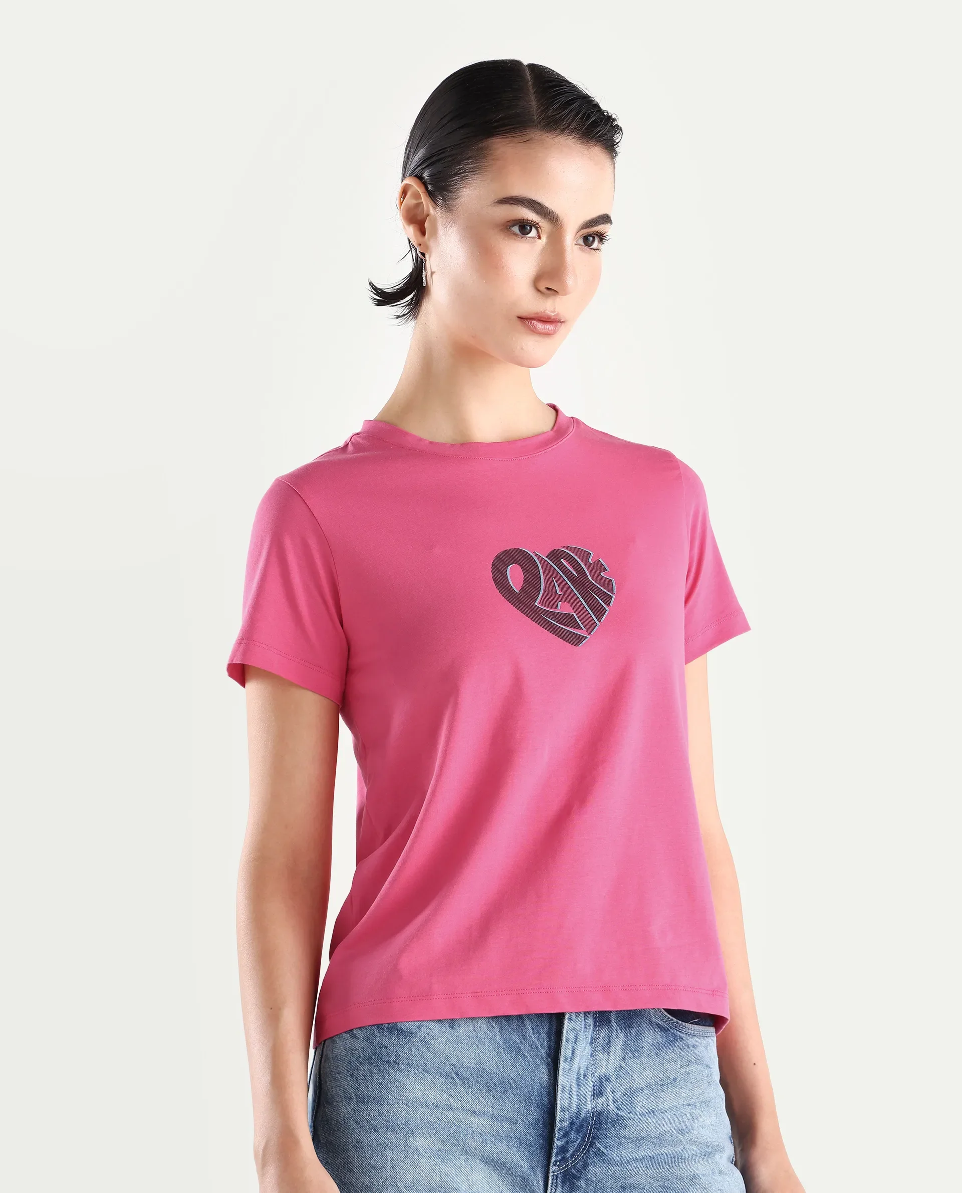 Rareism Women's Ciara Flouroscent Pink Cotton Blend Crew Neck Graphic Print Regular Fit T-Shirt - Image 6