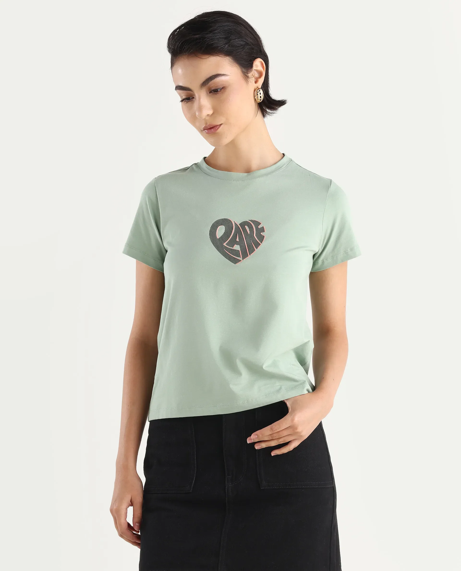 Rareism Women's Ciara Green Cotton Blend Crew Neck Graphic Print Regular Fit T-Shirt - Image 3