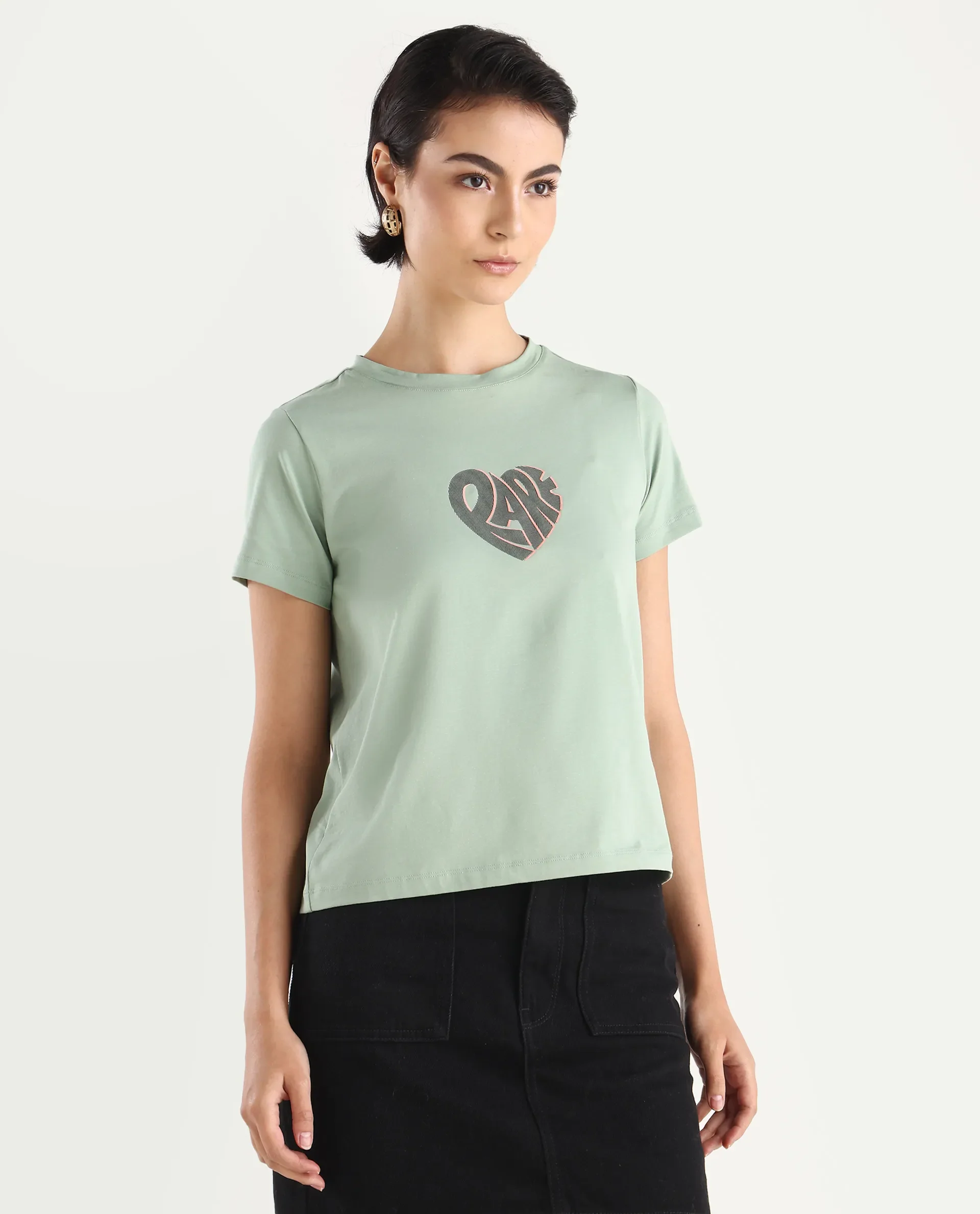 Rareism Women's Ciara Green Cotton Blend Crew Neck Graphic Print Regular Fit T-Shirt - Image 4