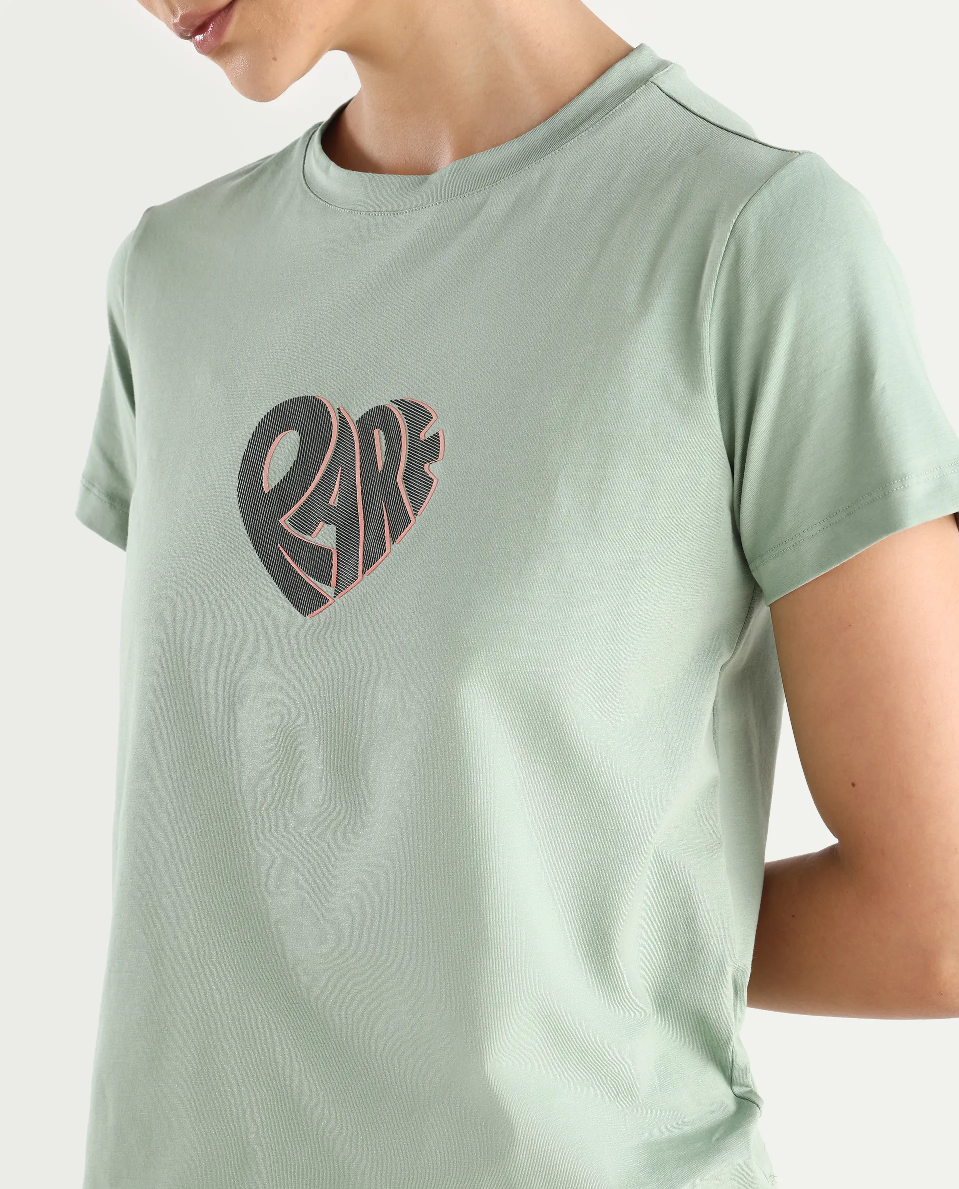 Rareism Women's Ciara Green Cotton Blend Crew Neck Graphic Print Regular Fit T-Shirt - Image 5