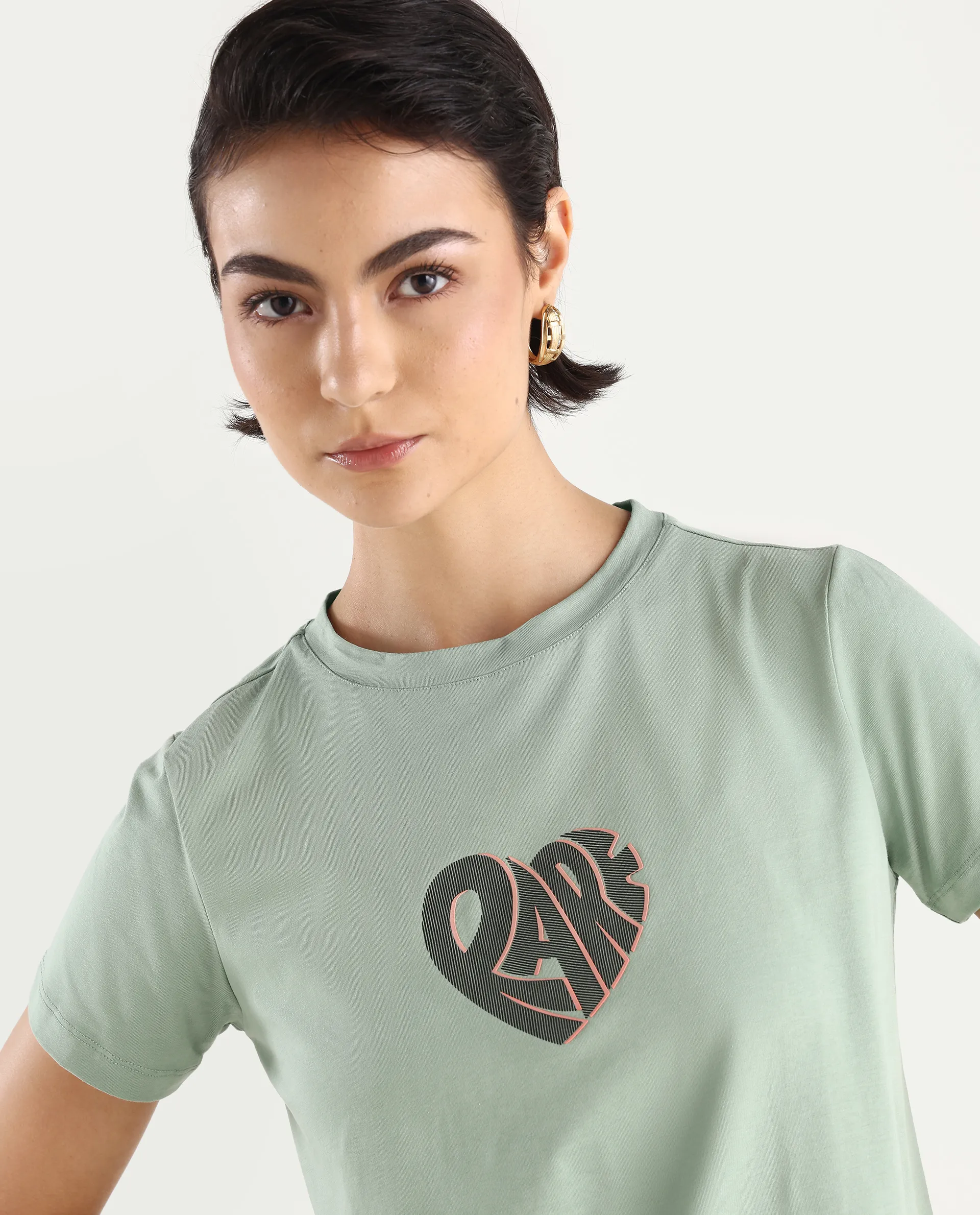 Rareism Women's Ciara Green Cotton Blend Crew Neck Graphic Print Regular Fit T-Shirt - Image 6