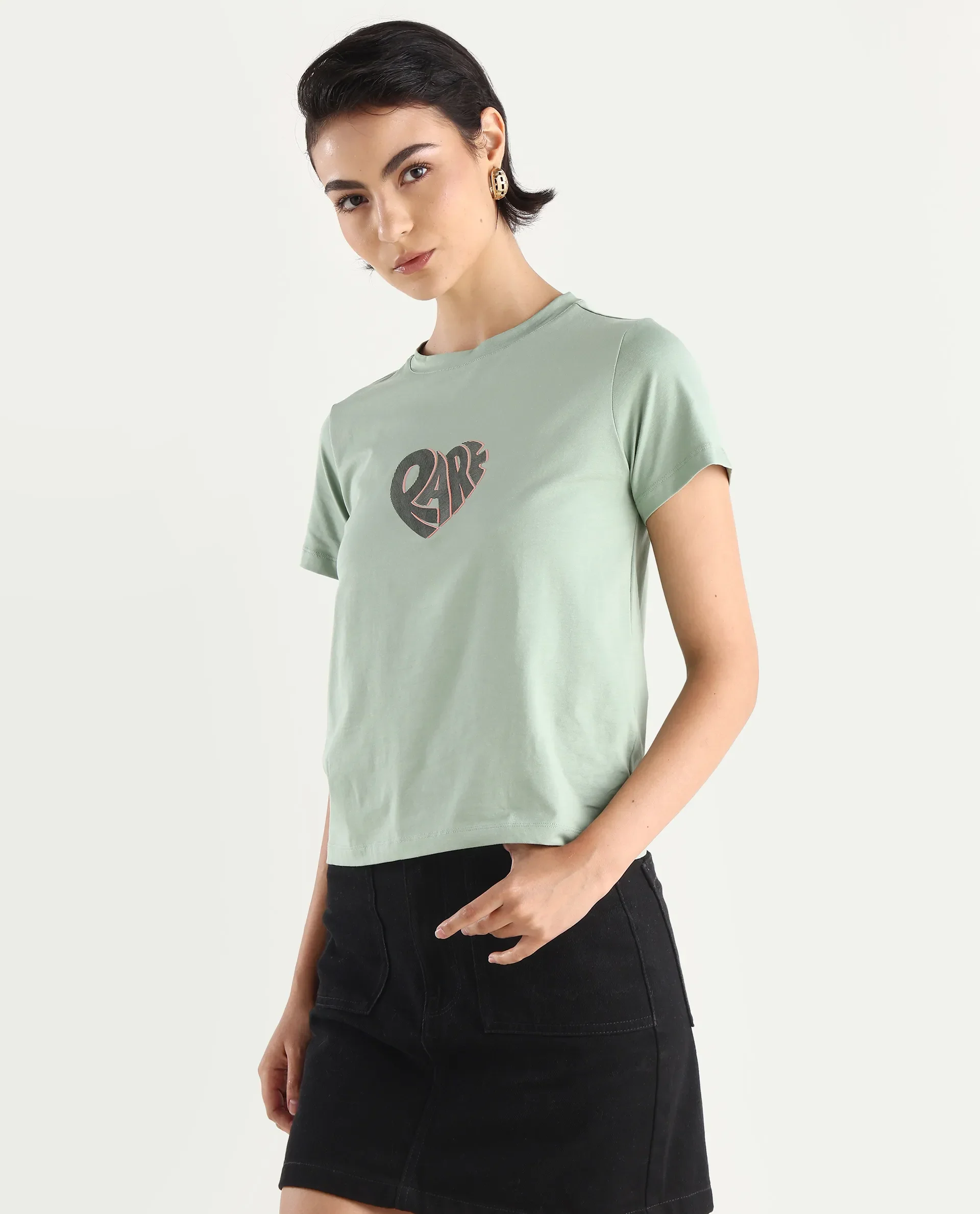 Rareism Women's Ciara Green Cotton Blend Crew Neck Graphic Print Regular Fit T-Shirt - Image 7