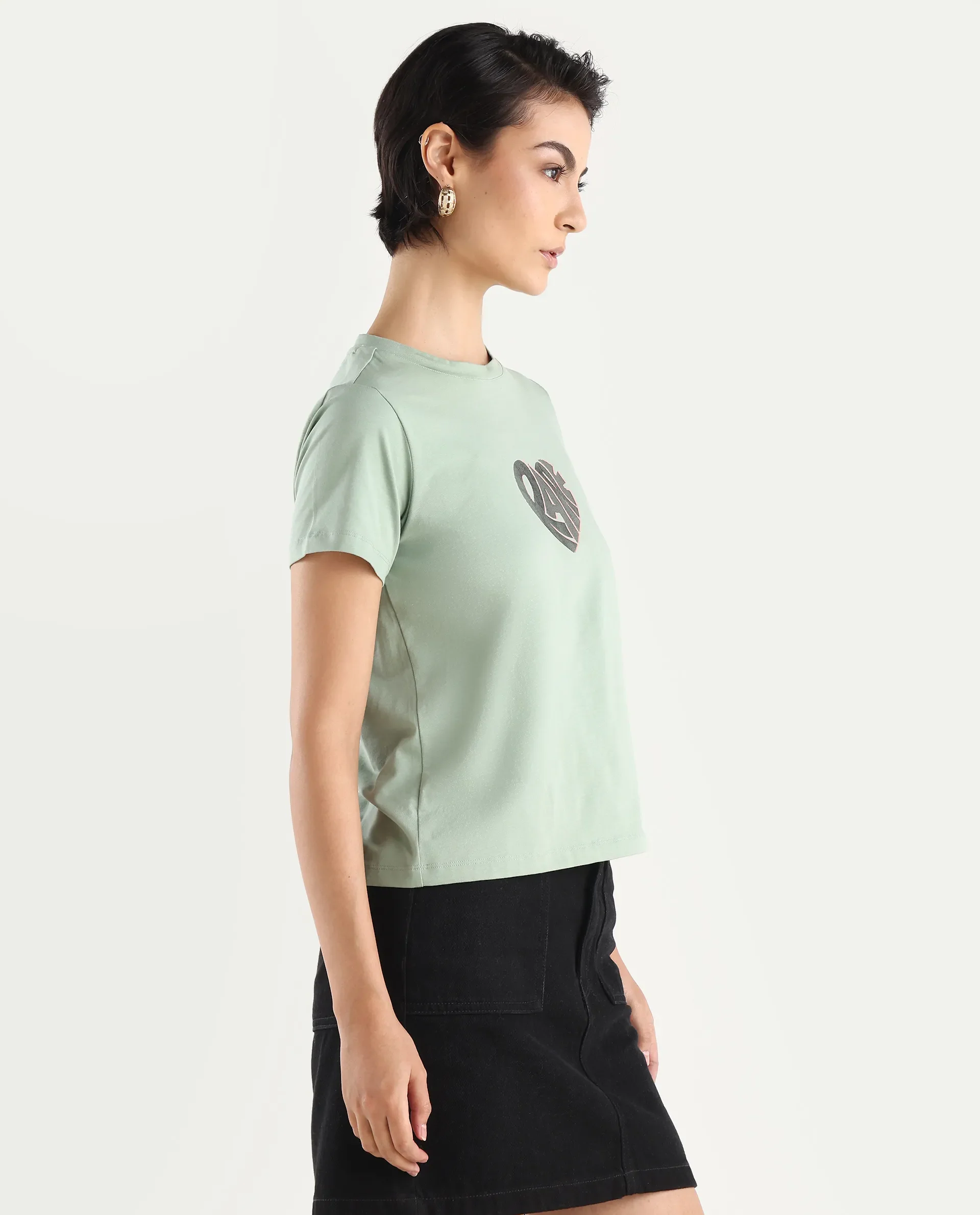 Rareism Women's Ciara Green Cotton Blend Crew Neck Graphic Print Regular Fit T-Shirt - Image 8