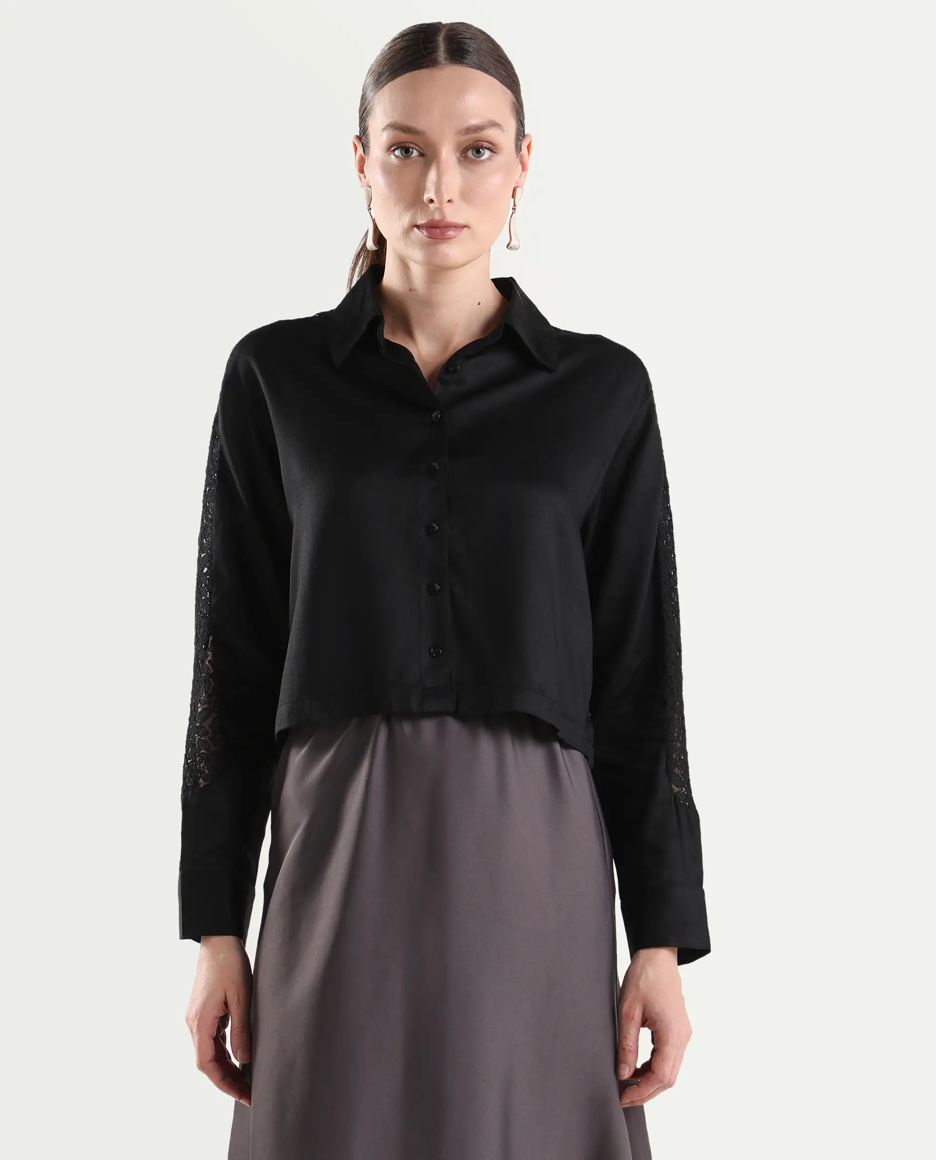 Rareism Women's Cici Black Viscose Full Sleeve Boxy Plain Shirt - Image 3