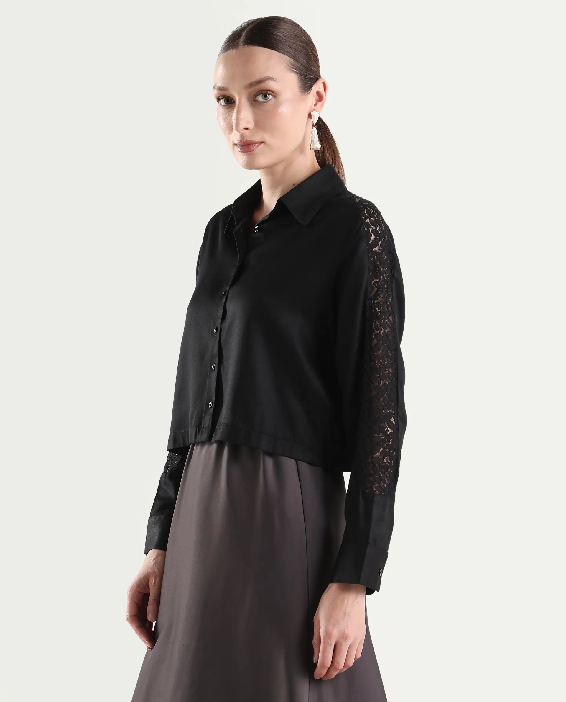 Rareism Women's Cici Black Viscose Full Sleeve Boxy Plain Shirt - Image 5