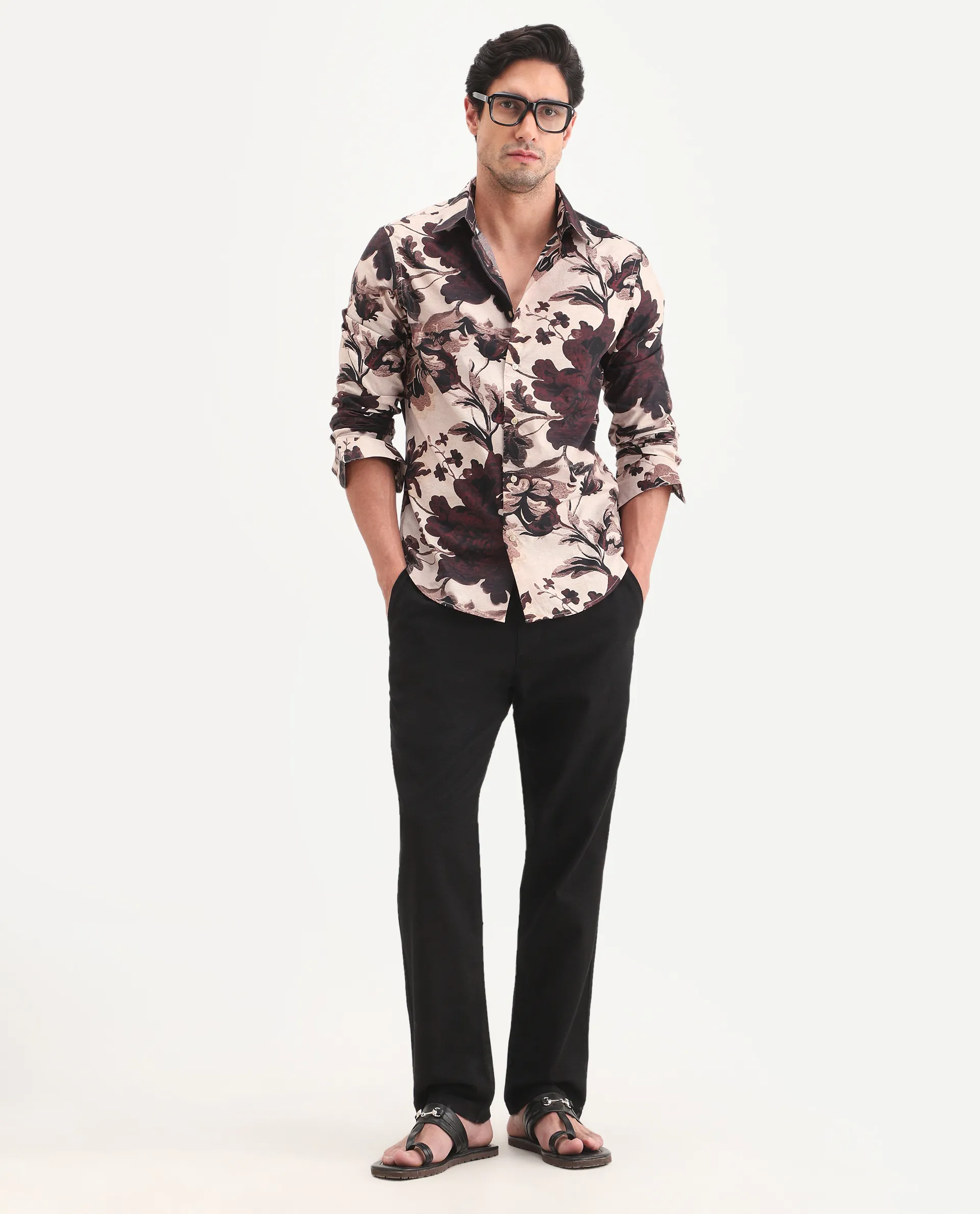 Rare Rabbit Men's Ciel Beige Cotton Fabric Full Sleeve Spread Collar Button Regular Fit Floral Print Shirt - Image 2