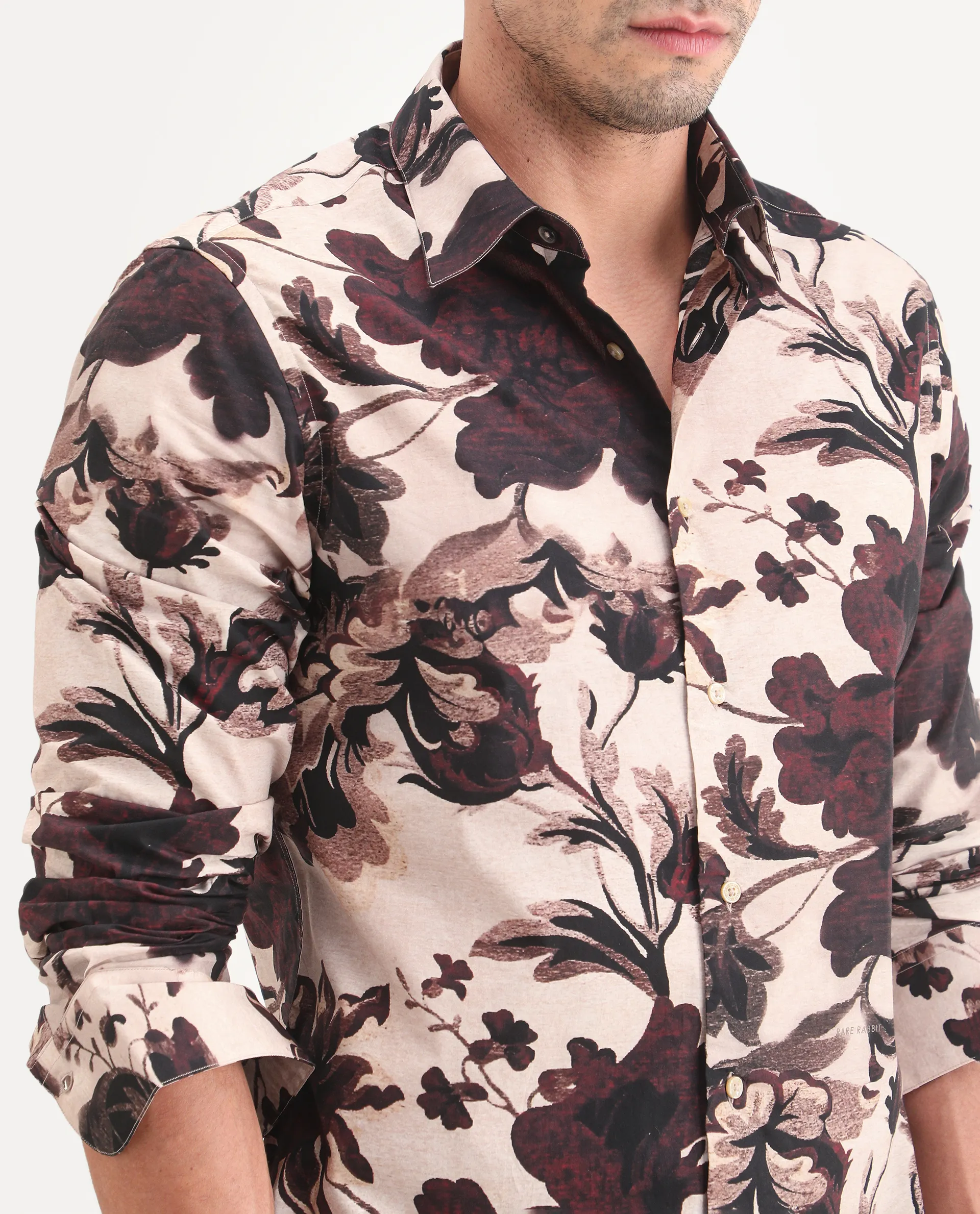 Rare Rabbit Men's Ciel Beige Cotton Fabric Full Sleeve Spread Collar Button Regular Fit Floral Print Shirt - Image 3