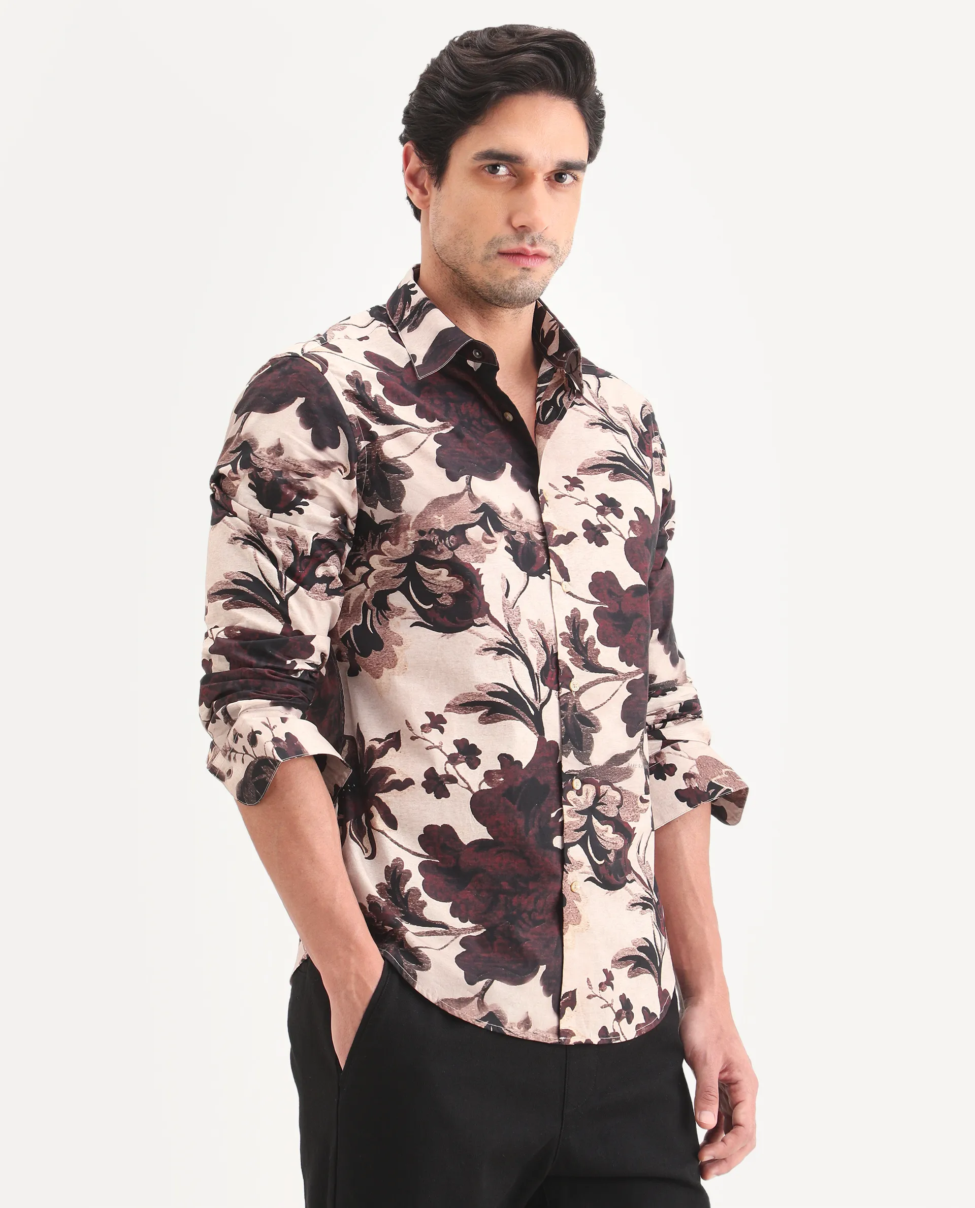 Rare Rabbit Men's Ciel Beige Cotton Fabric Full Sleeve Spread Collar Button Regular Fit Floral Print Shirt - Image 5
