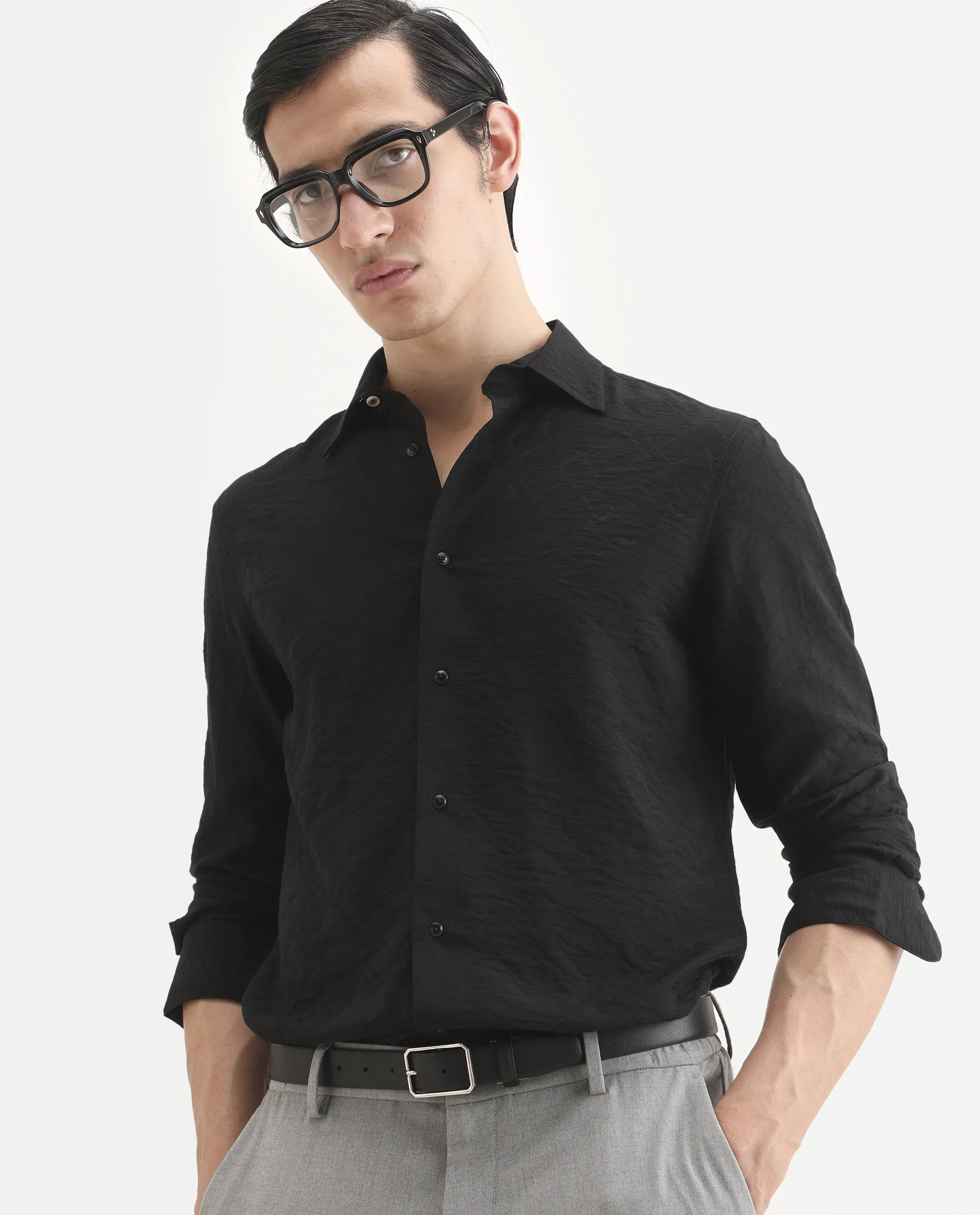 Rare Rabbit Men's Ciera Black Viscose Blend Fabric Full Sleeve Spread Collar Regular Fit Jacquard Shirt