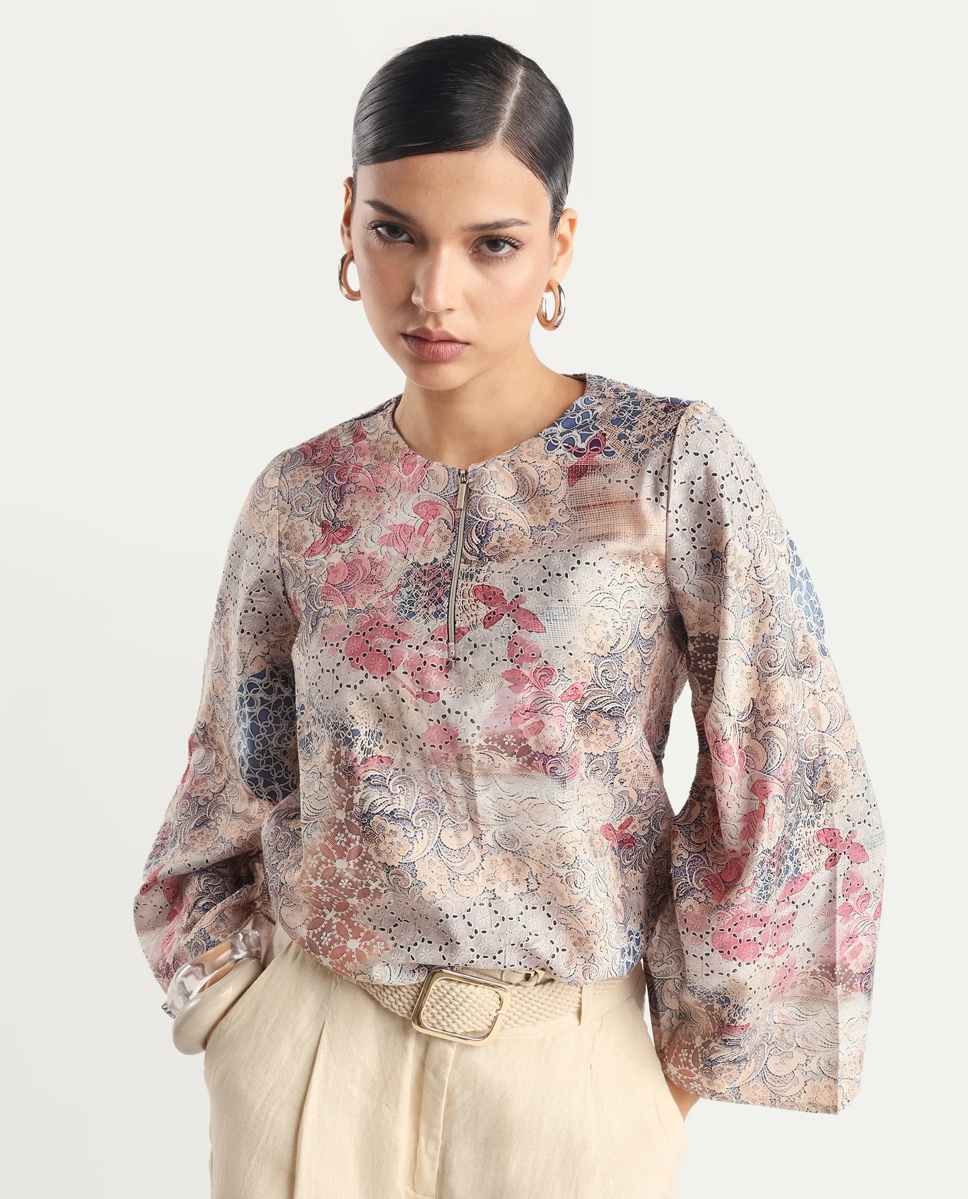 Rareism Women's Ciko Light Multi Satin Round Neck Abstract Print Volume Sleeve Regular Fit Top