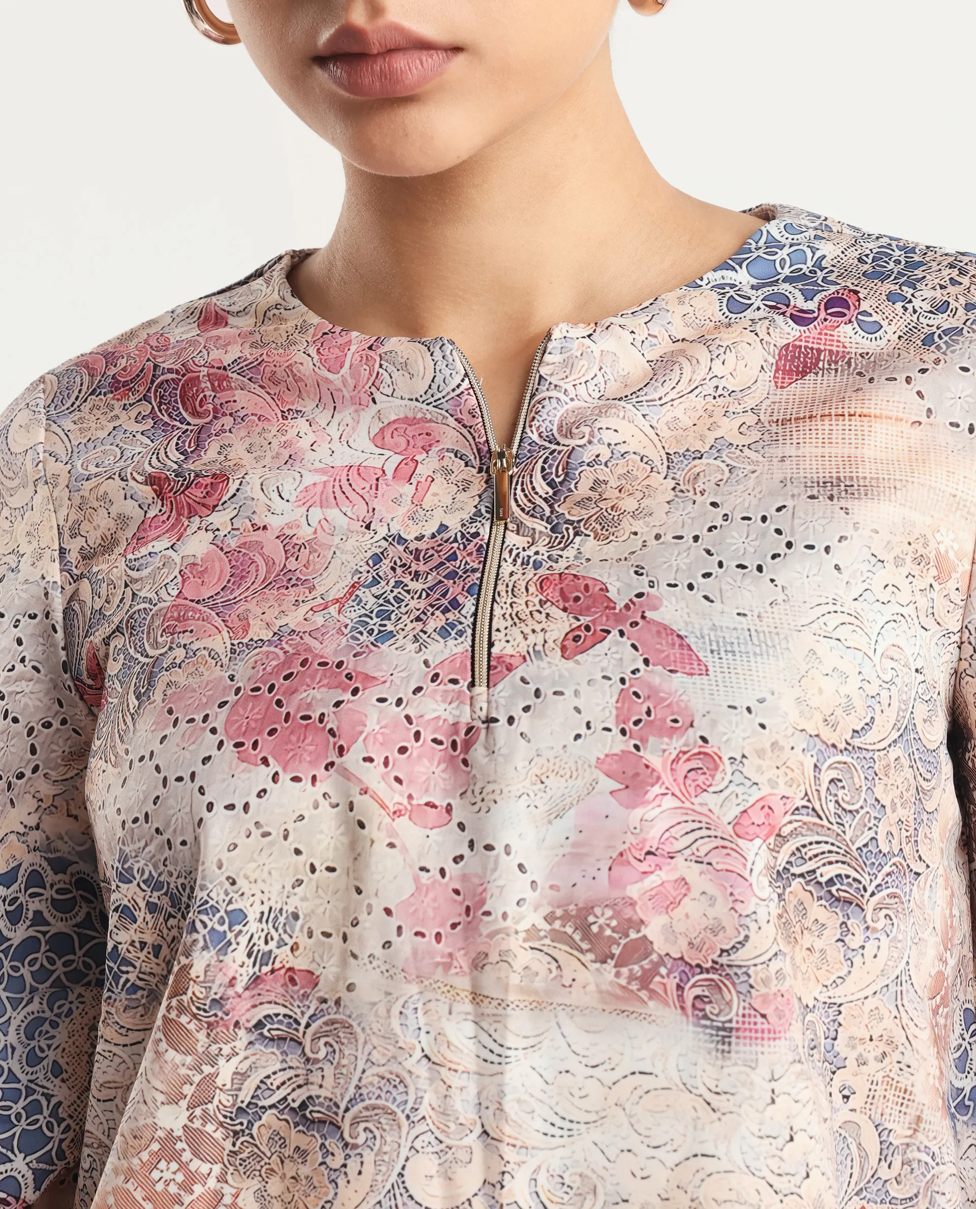 Rareism Women's Ciko Light Multi Satin Round Neck Abstract Print Volume Sleeve Regular Fit Top - Image 3