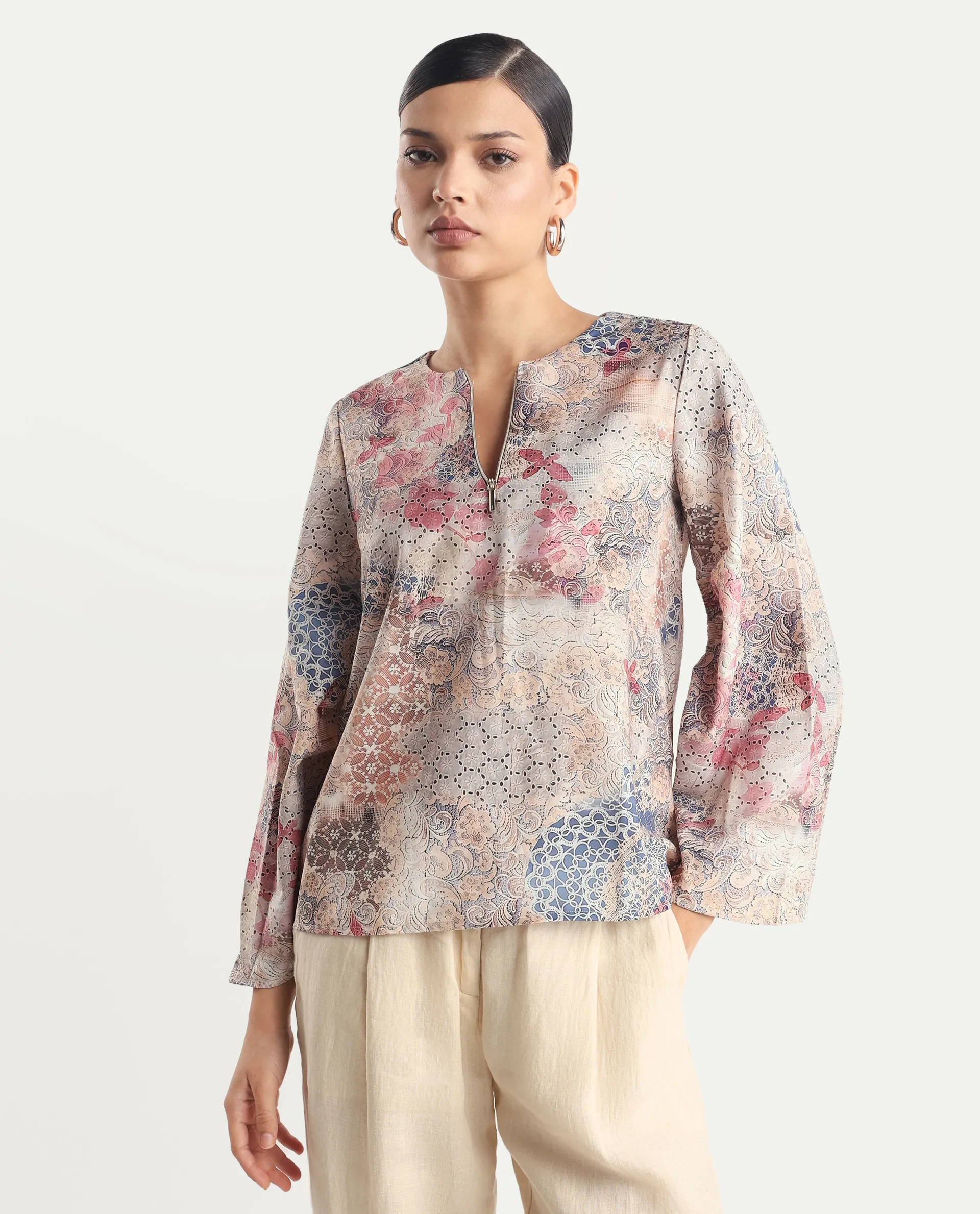 Rareism Women's Ciko Light Multi Satin Round Neck Abstract Print Volume Sleeve Regular Fit Top - Image 4