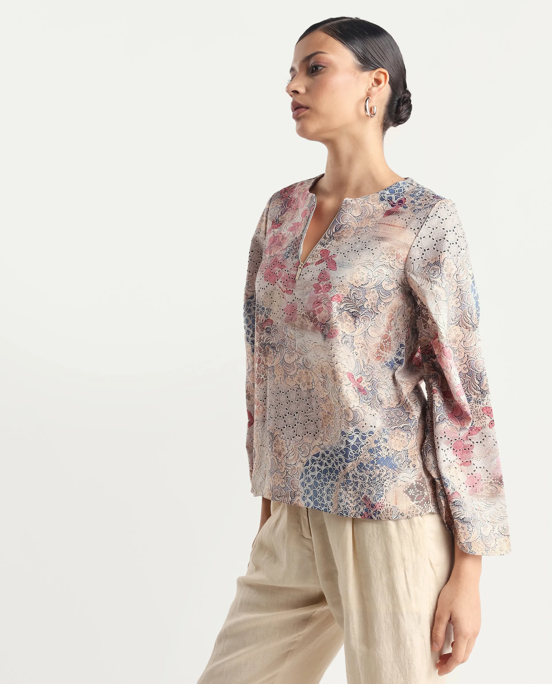 Rareism Women's Ciko Light Multi Satin Round Neck Abstract Print Volume Sleeve Regular Fit Top - Image 5