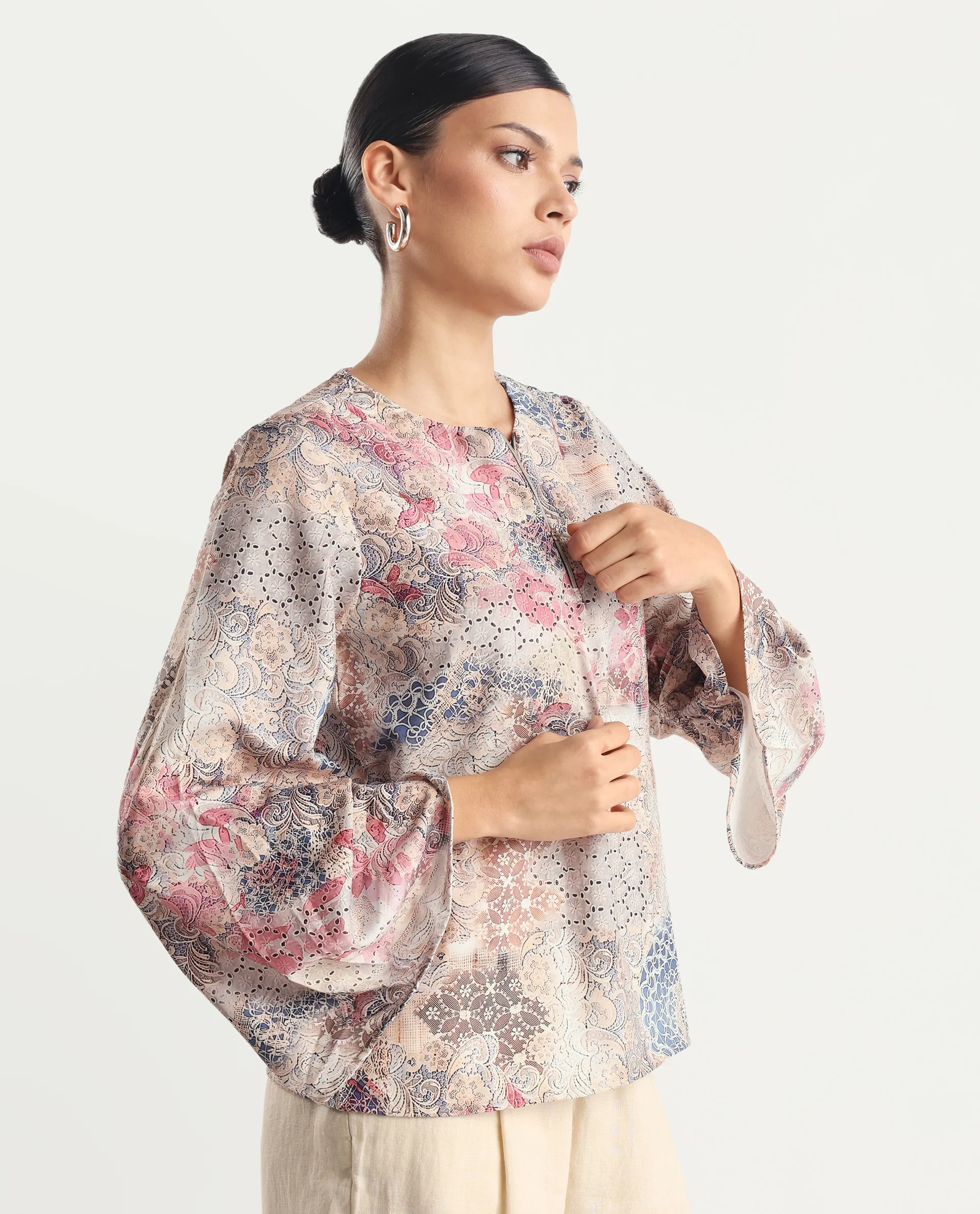 Rareism Women's Ciko Light Multi Satin Round Neck Abstract Print Volume Sleeve Regular Fit Top - Image 7