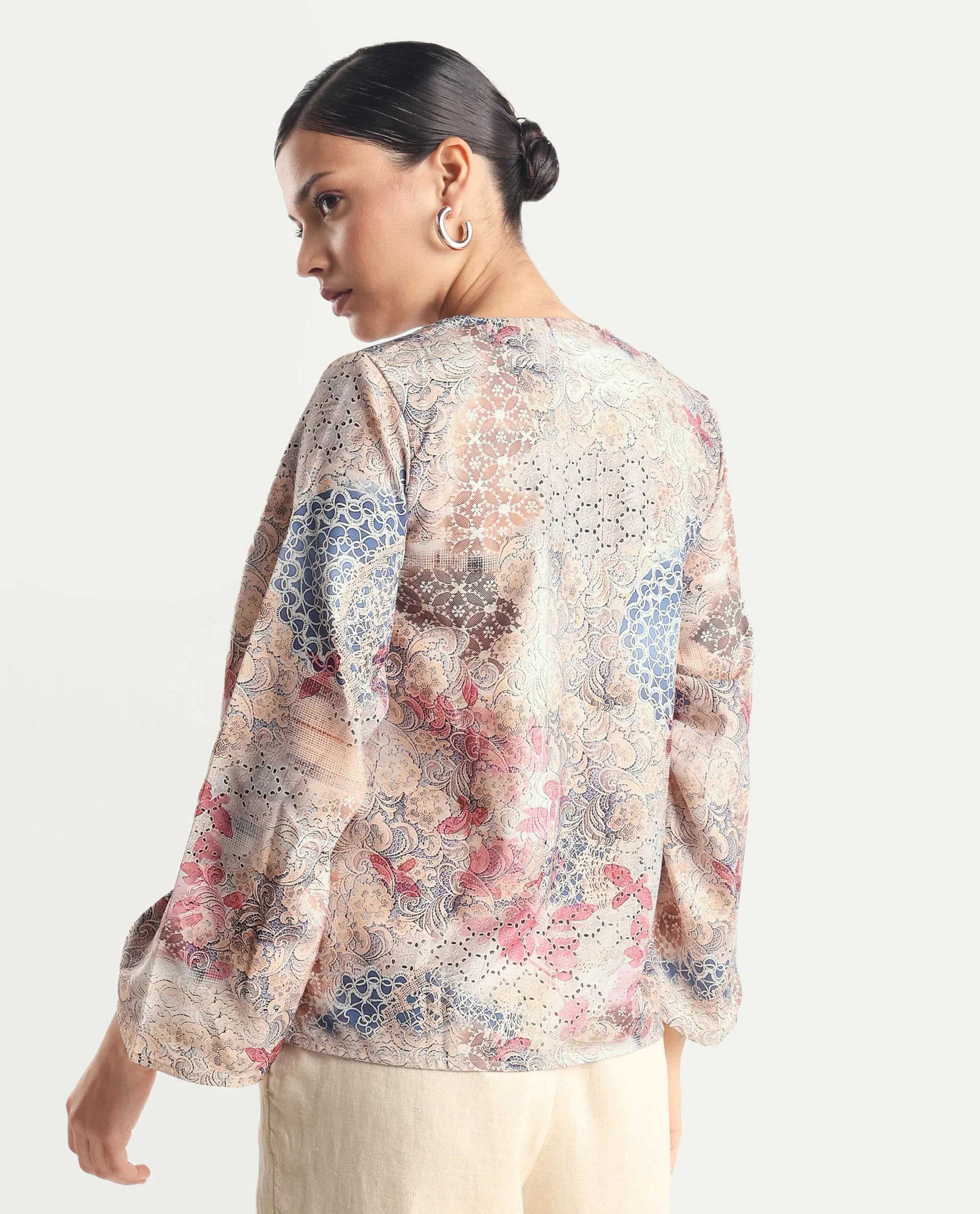 Rareism Women's Ciko Light Multi Satin Round Neck Abstract Print Volume Sleeve Regular Fit Top - Image 8