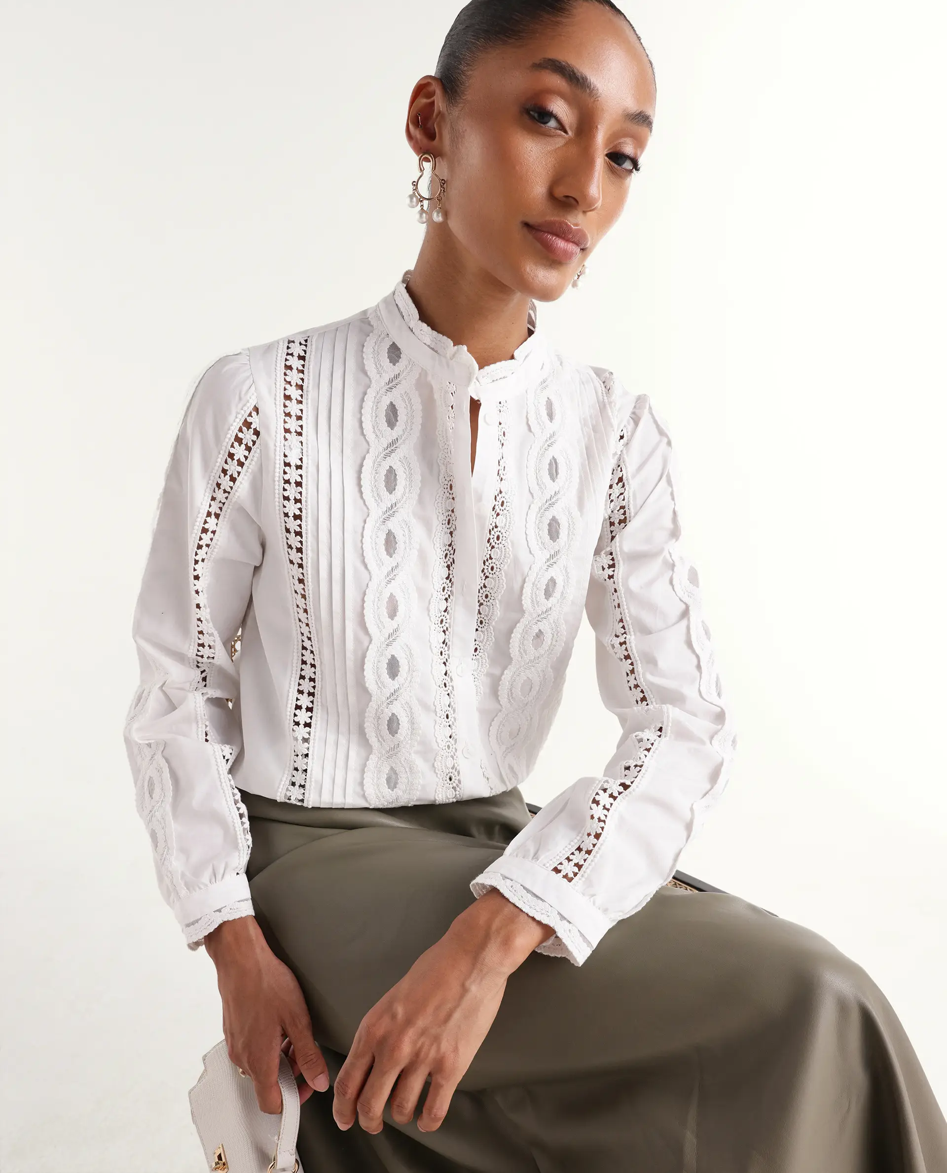Rareism Women's Cila White Cotton Full Sleeve Relaxed Fit Plain Top