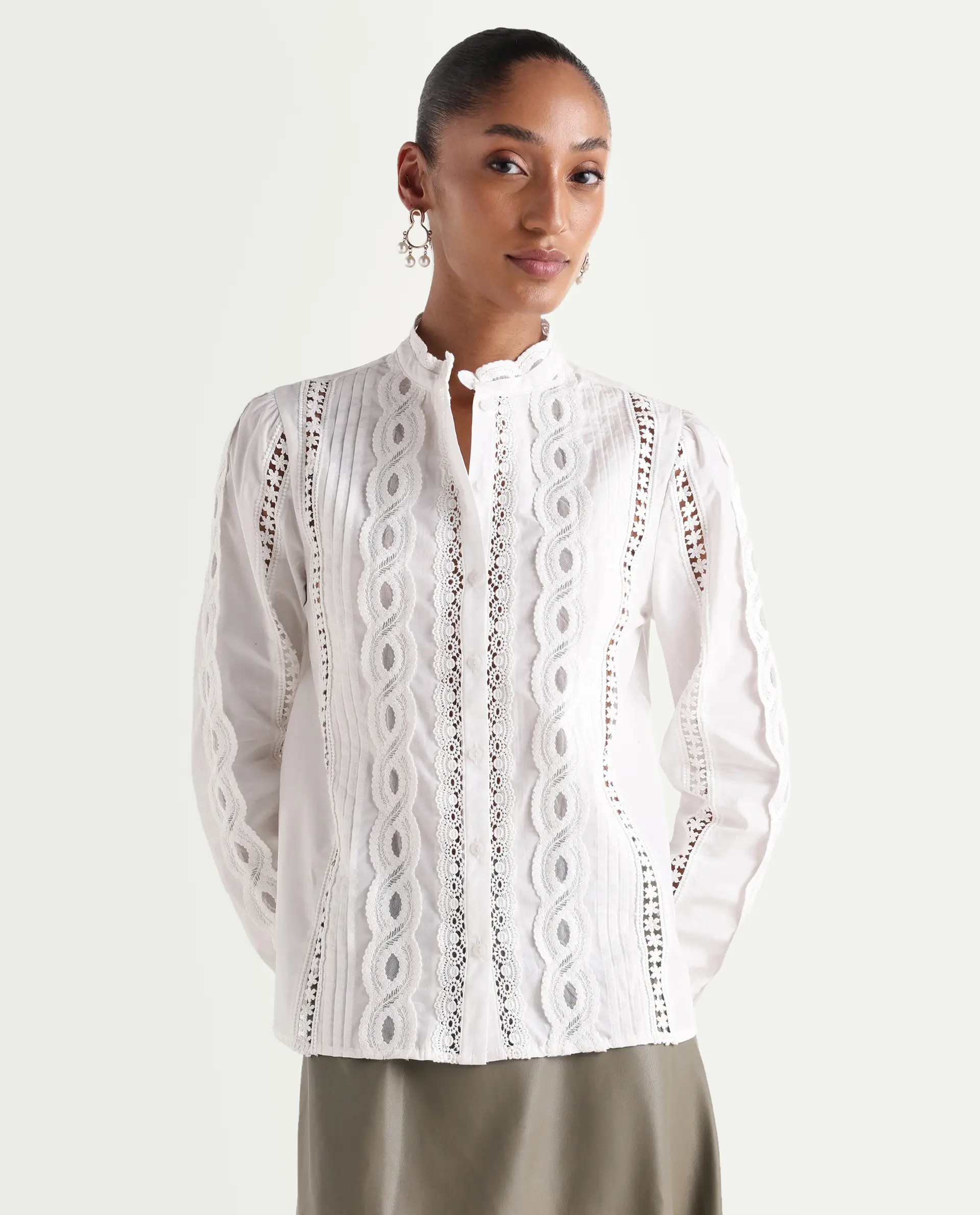 Rareism Women's Cila White Cotton Full Sleeve Relaxed Fit Plain Top - Image 3