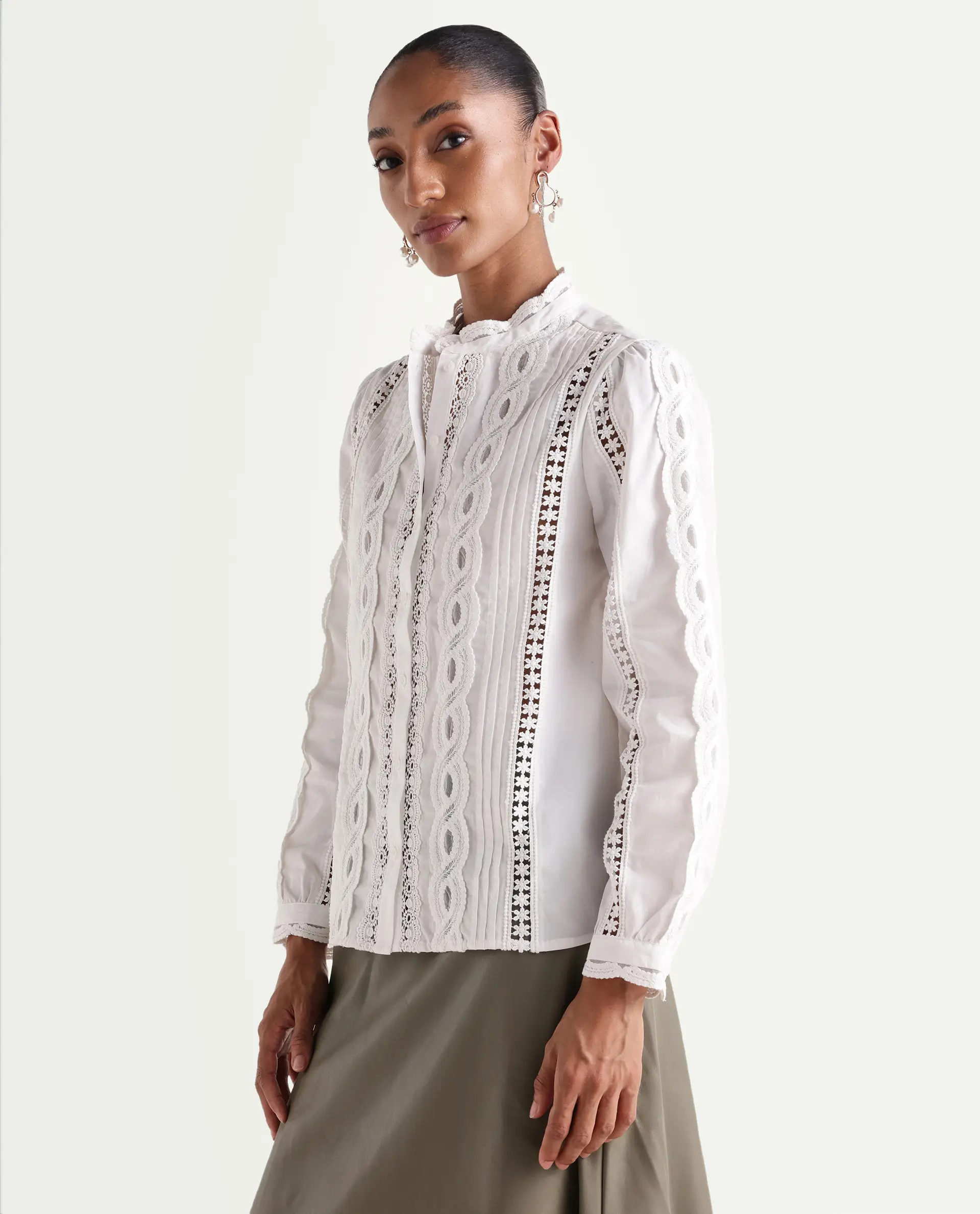 Rareism Women's Cila White Cotton Full Sleeve Relaxed Fit Plain Top - Image 5