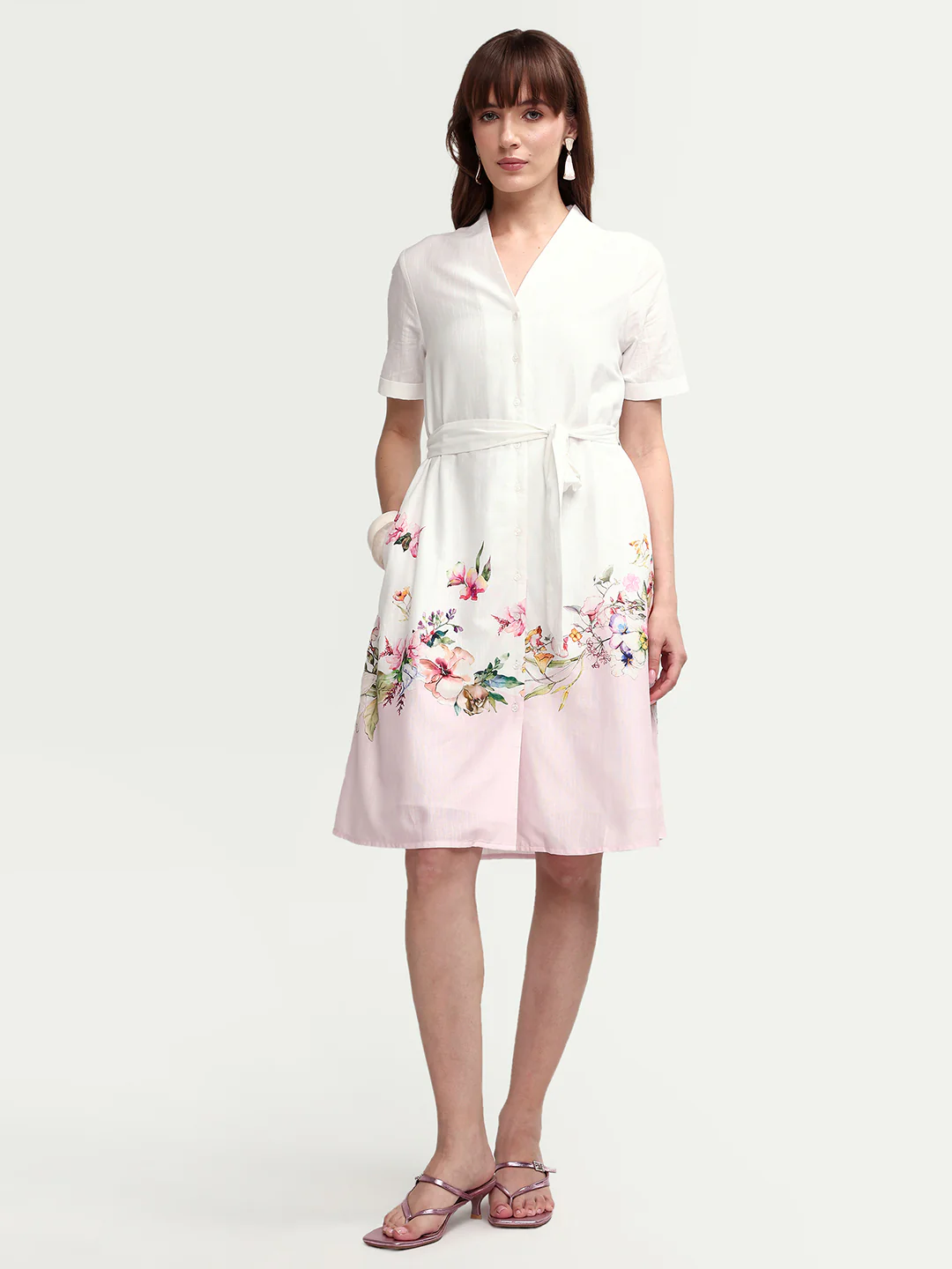 Rareism Women's Cilian White Cotton Blend Half Sleeve A-Line Floral Print Dress - Image 2