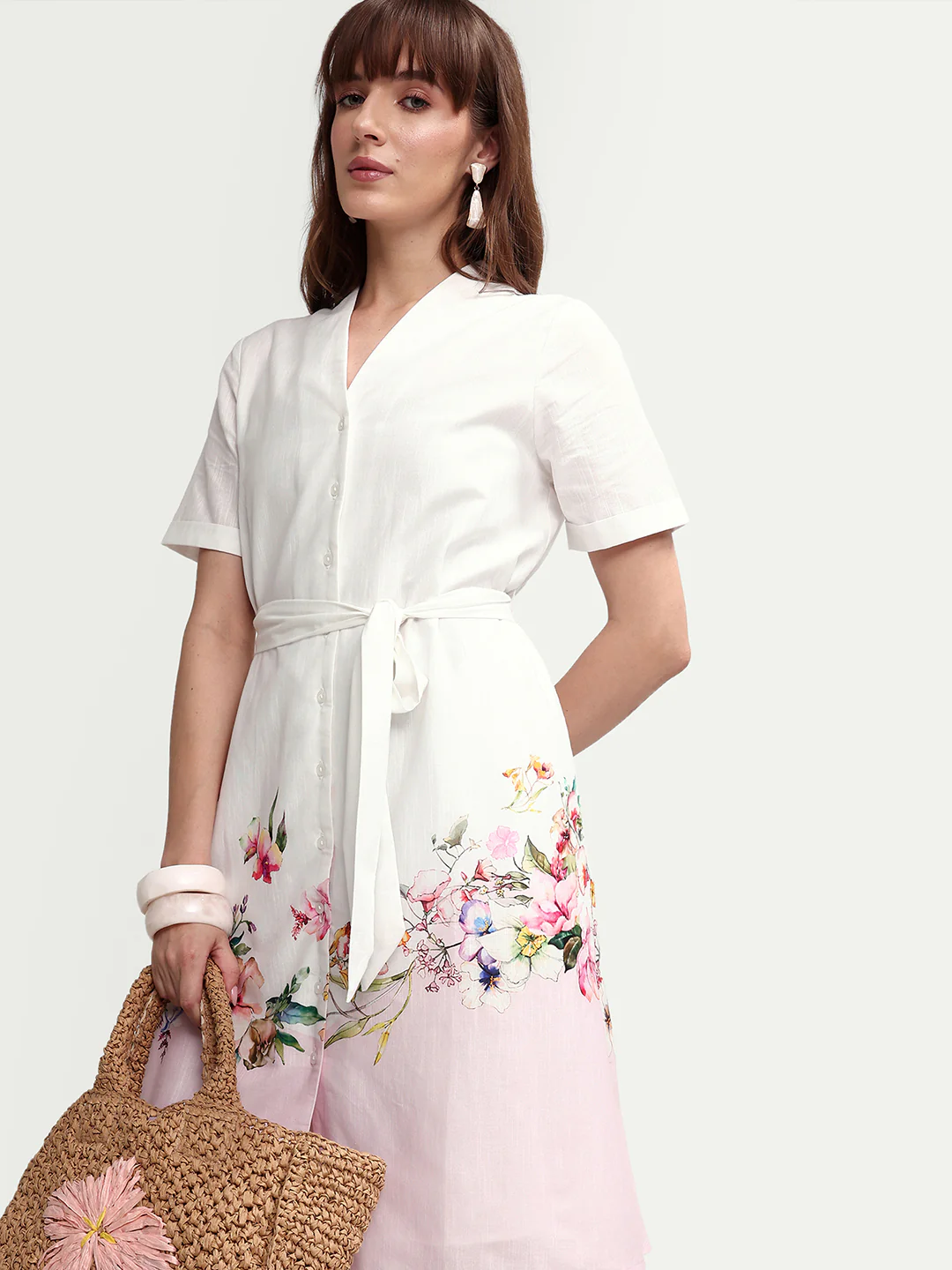 Rareism Women's Cilian White Cotton Blend Half Sleeve A-Line Floral Print Dress - Image 3