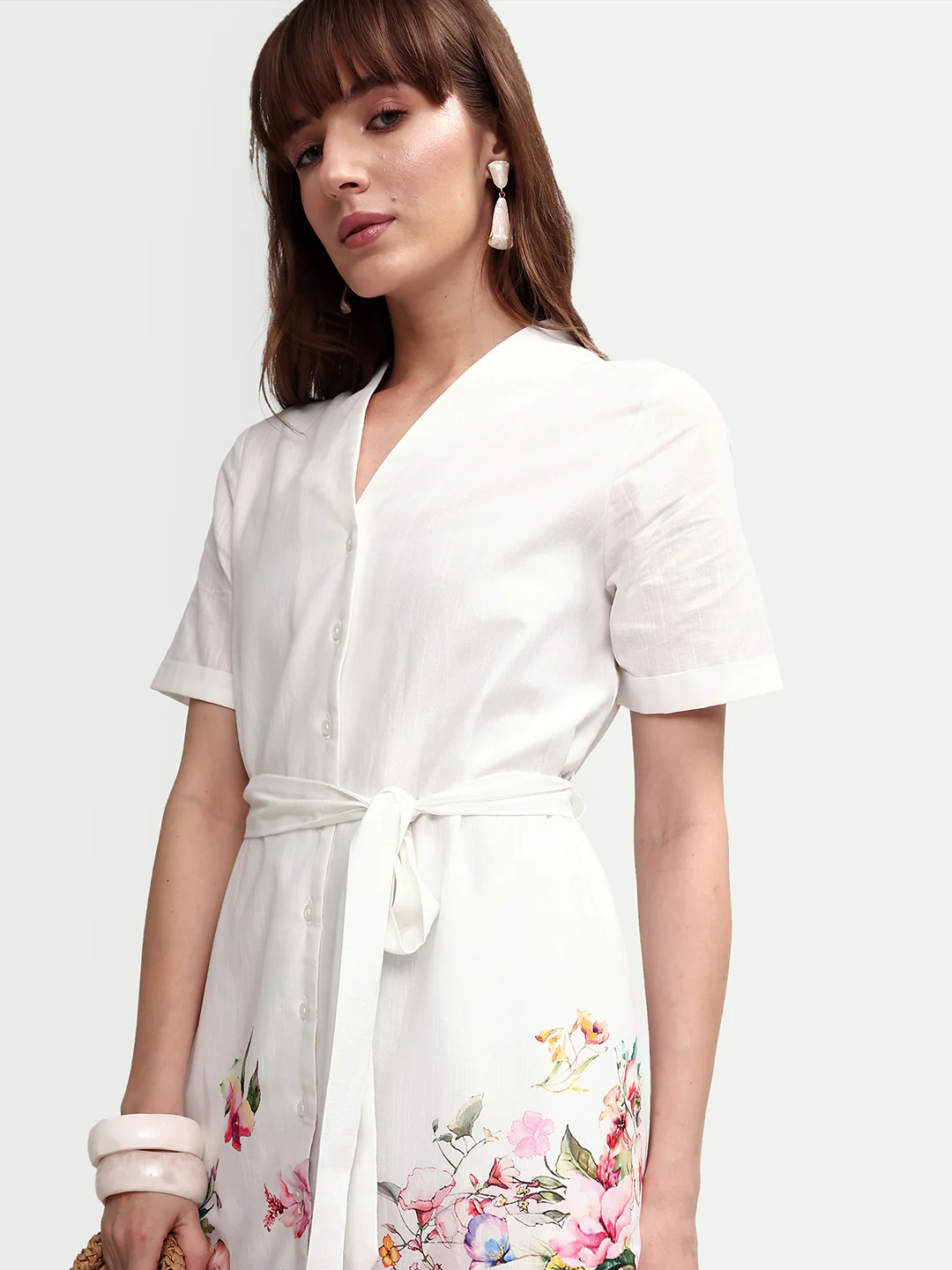Rareism Women's Cilian White Cotton Blend Half Sleeve A-Line Floral Print Dress - Image 4