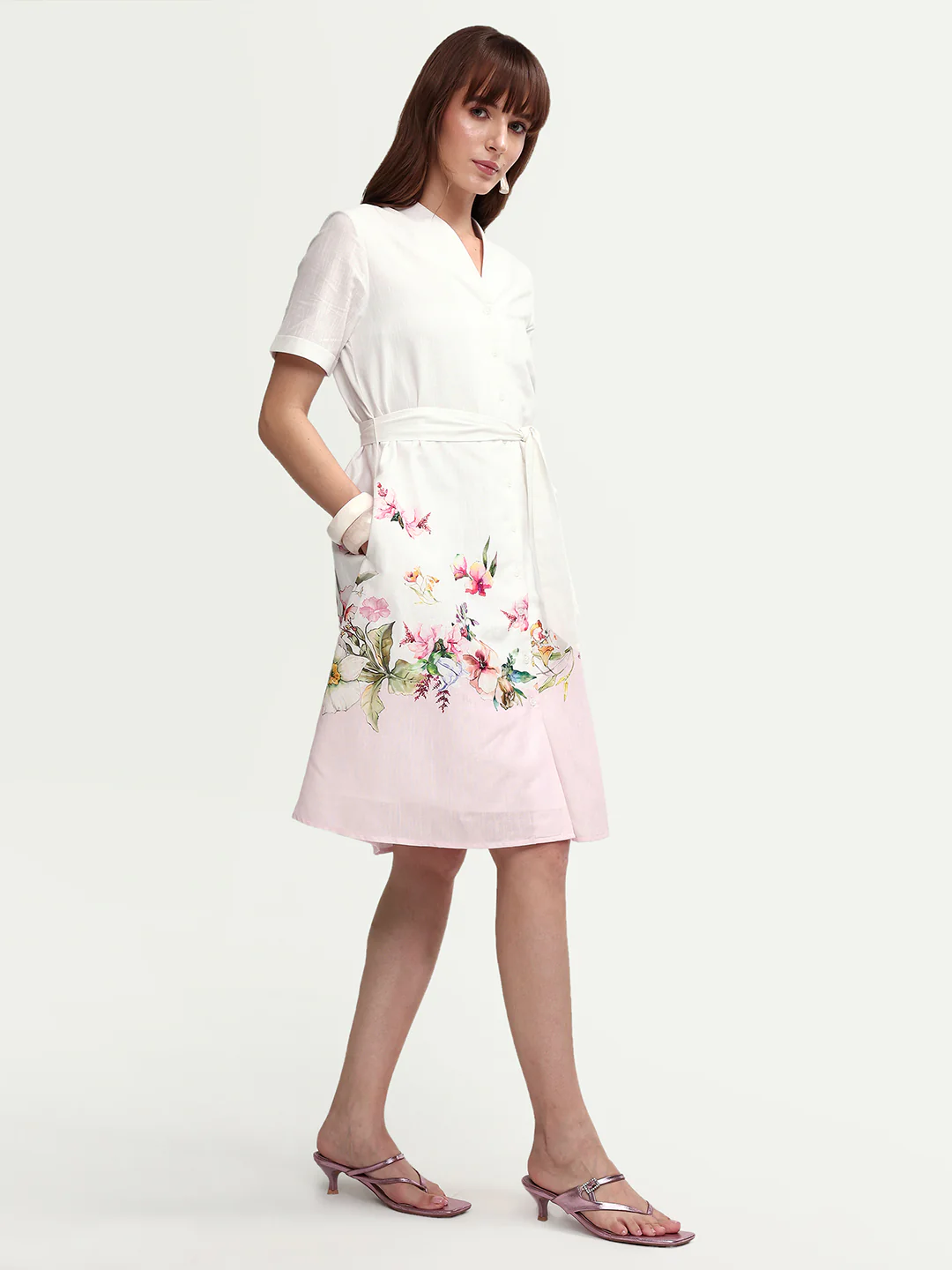 Rareism Women's Cilian White Cotton Blend Half Sleeve A-Line Floral Print Dress - Image 5