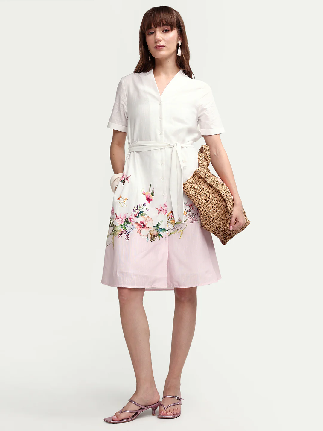 Rareism Women's Cilian White Cotton Blend Half Sleeve A-Line Floral Print Dress - Image 6