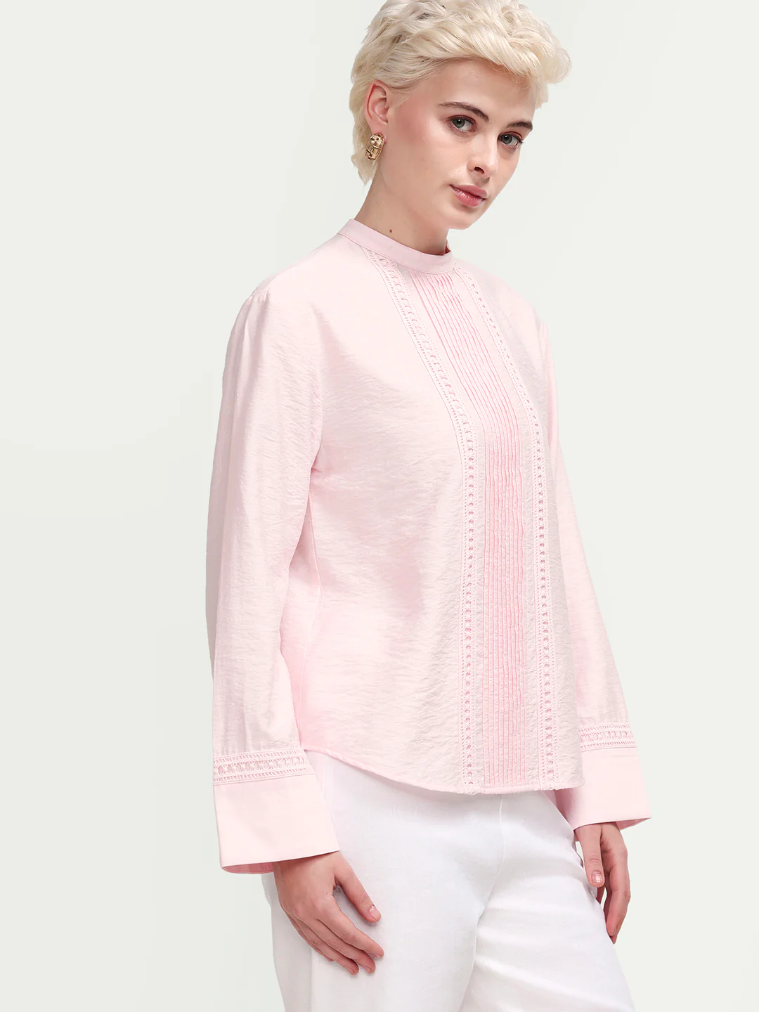 Rareism Women's Cilu Light Pink Viscose Blend Full Sleeve Relaxed Fit Plain Top - Image 3