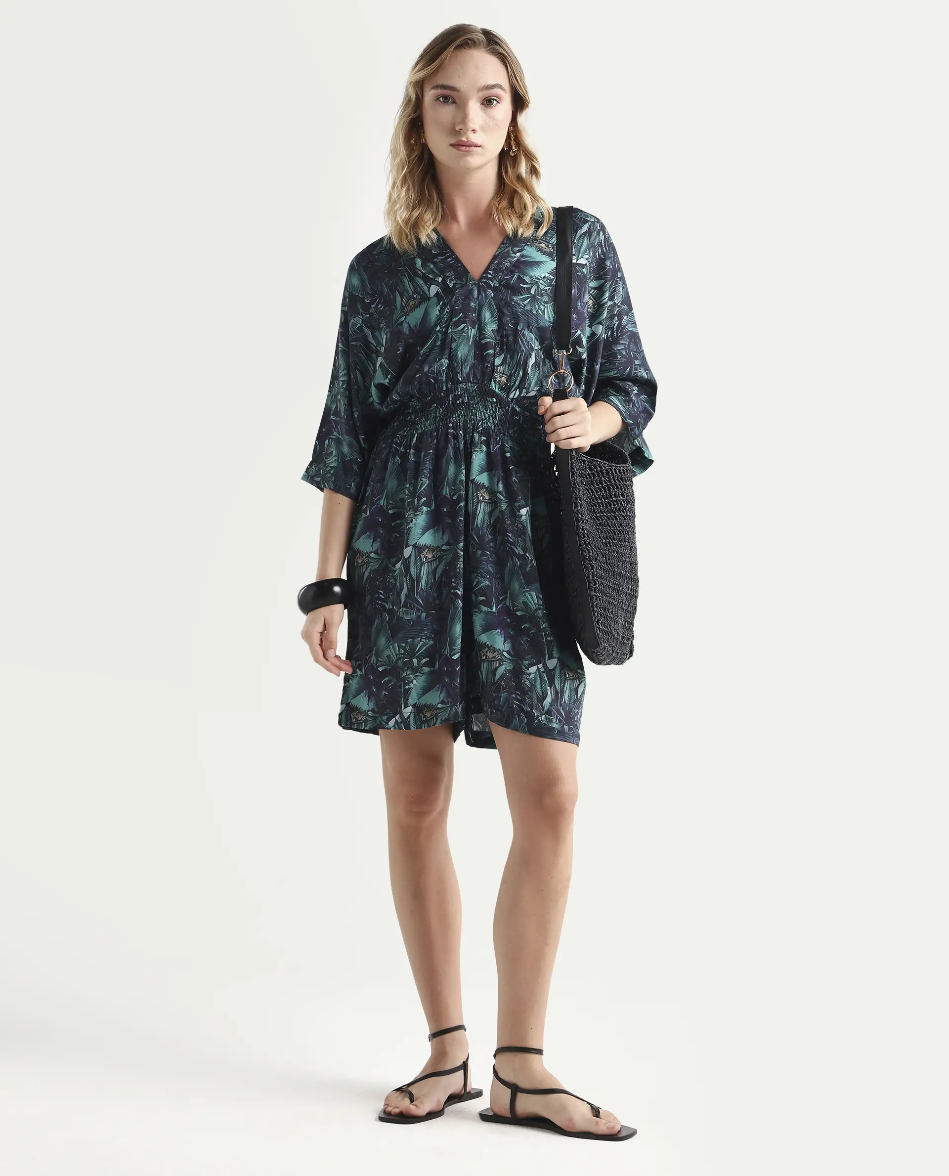 Rareism Women's Cimbo Dark Multi Cotton Blend V-Neck Tropical Print Extended Sleeves Mini Relaxed Fit Playsuit - Image 2