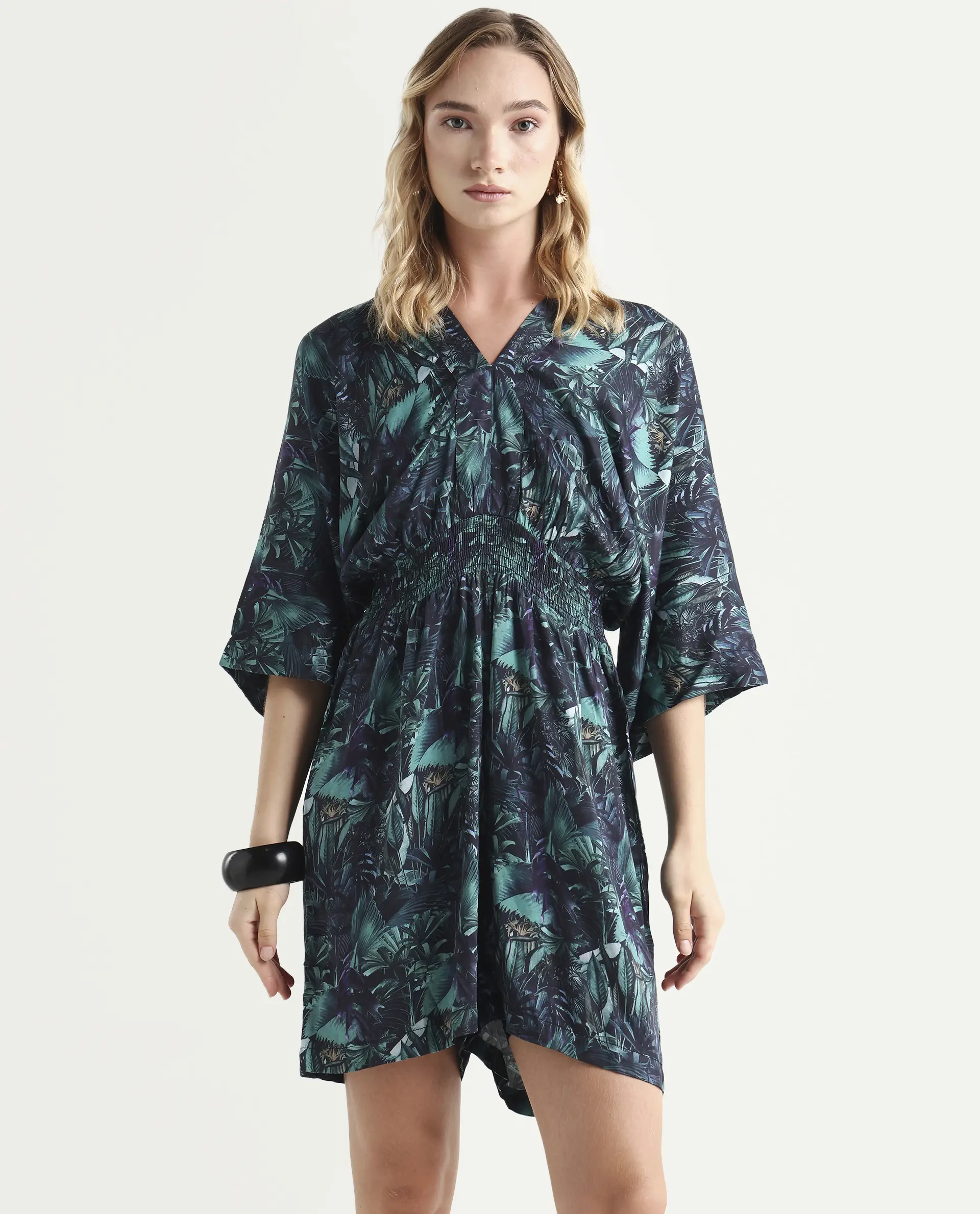 Rareism Women's Cimbo Dark Multi Cotton Blend V-Neck Tropical Print Extended Sleeves Mini Relaxed Fit Playsuit - Image 3