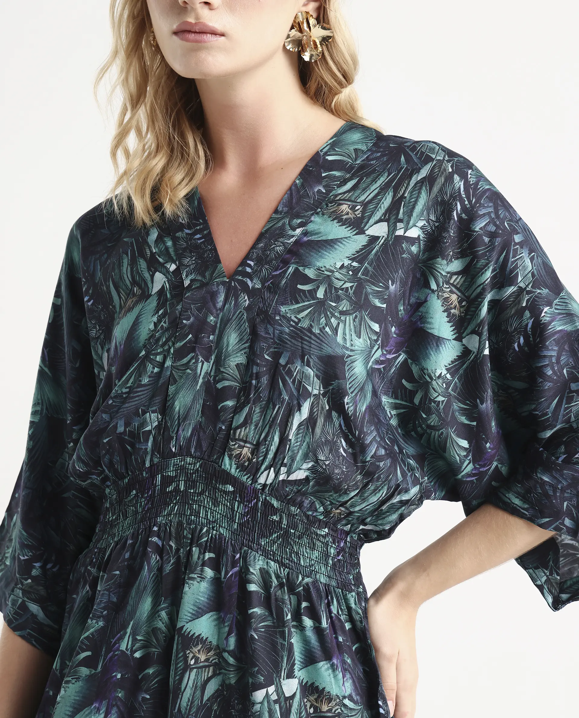 Rareism Women's Cimbo Dark Multi Cotton Blend V-Neck Tropical Print Extended Sleeves Mini Relaxed Fit Playsuit - Image 4